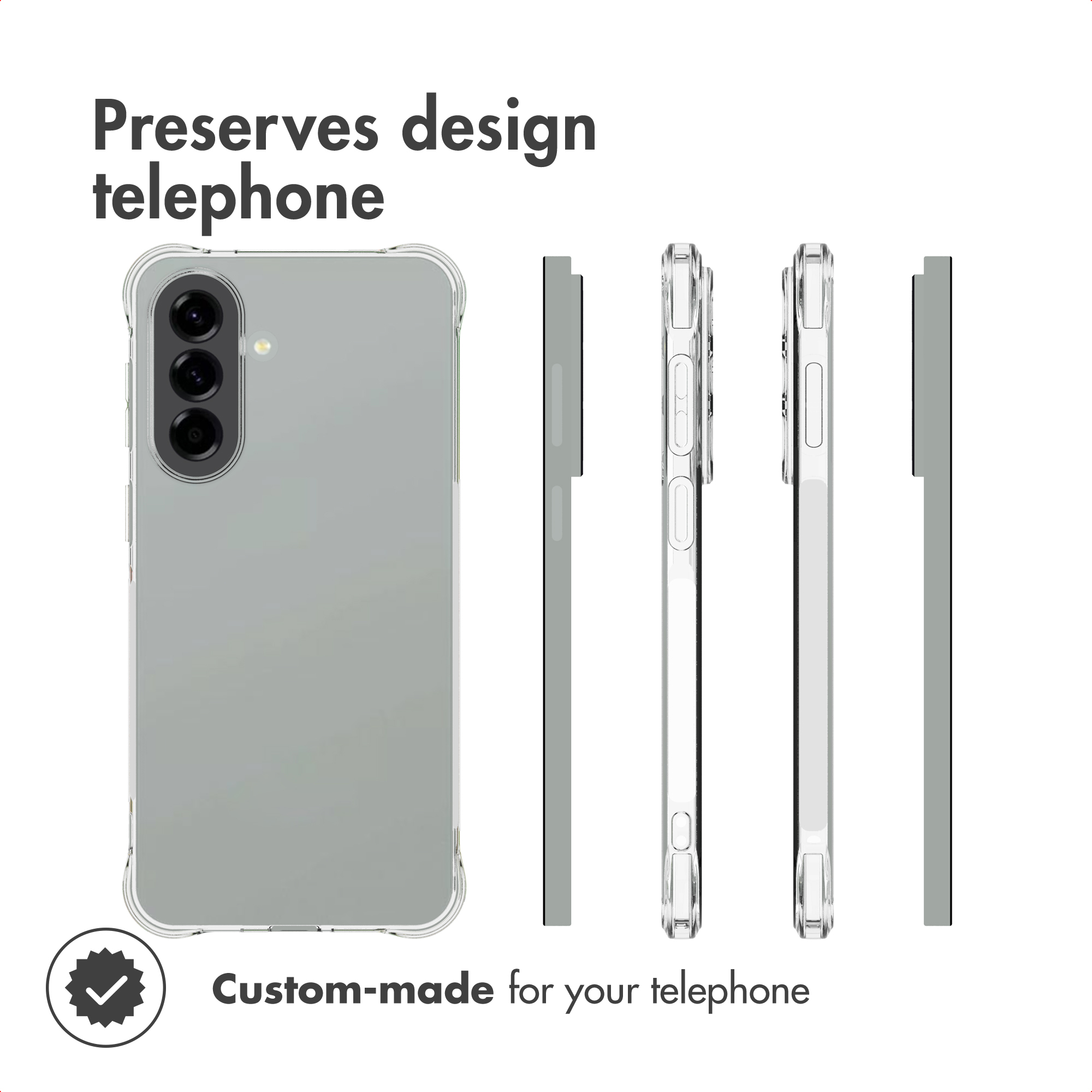 Coque de smartphone transparente présentée sous plusieurs angles.
