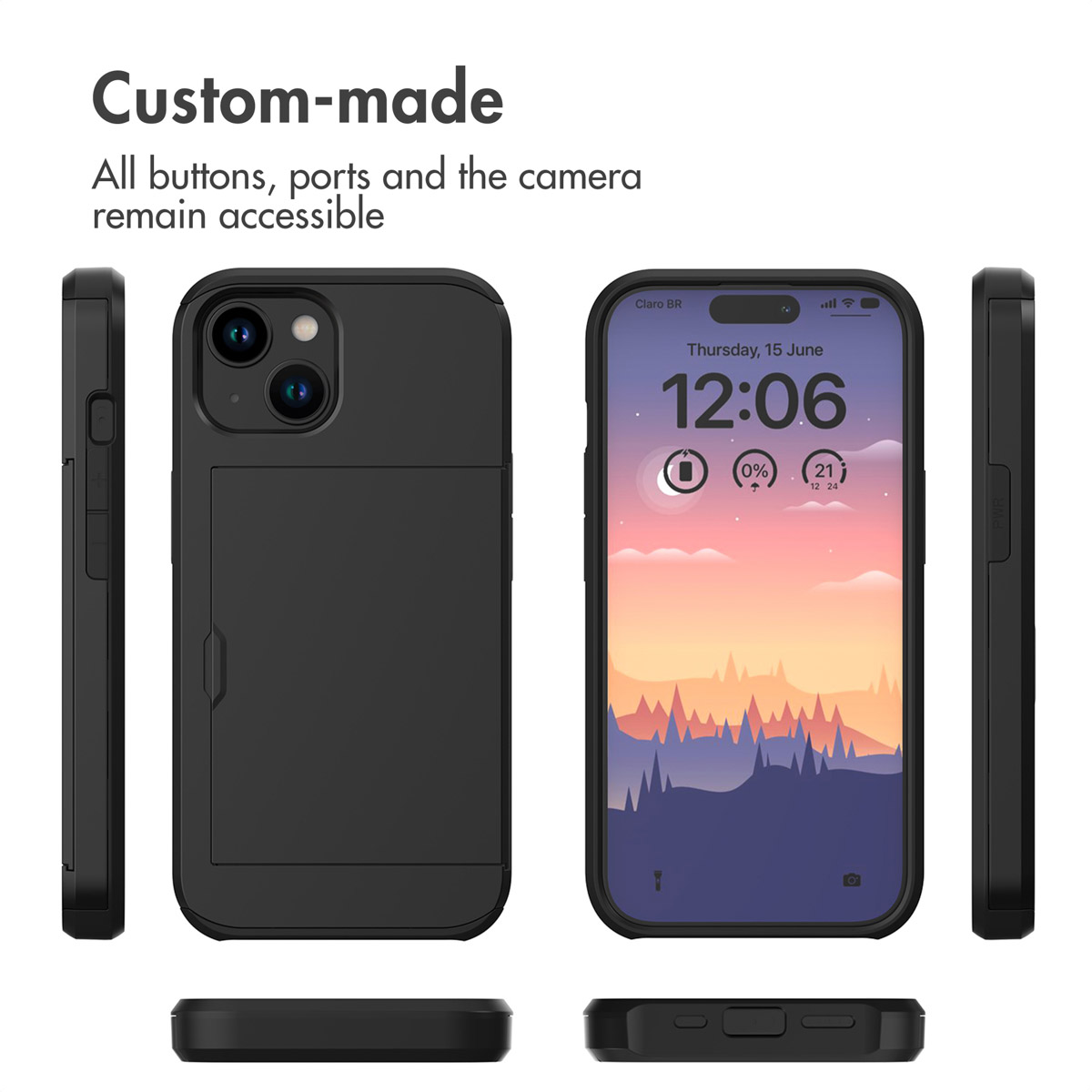 A black smartphone case shown from multiple angles, featuring a card slot on the back and open ports.