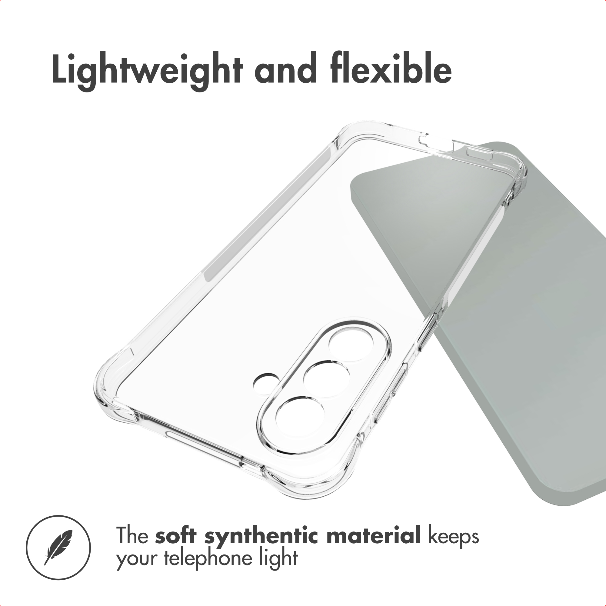 Une coque de téléphone transparente repose sur un téléphone gris, avec du texte.