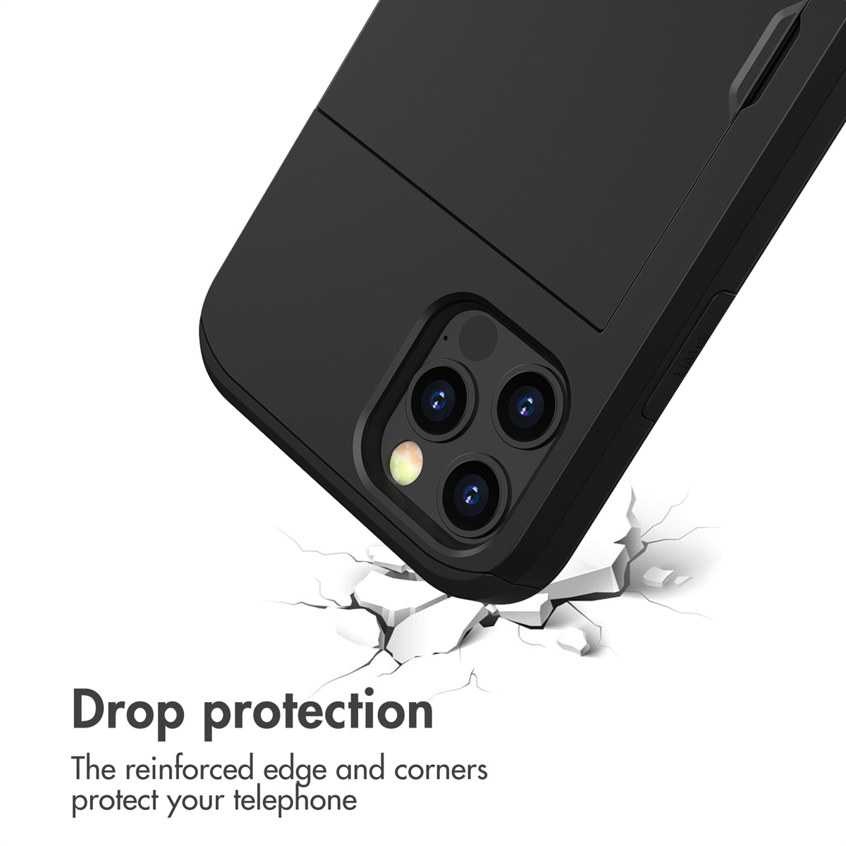 Black phone case with a triple-camera module, featuring drop protection on a white background.