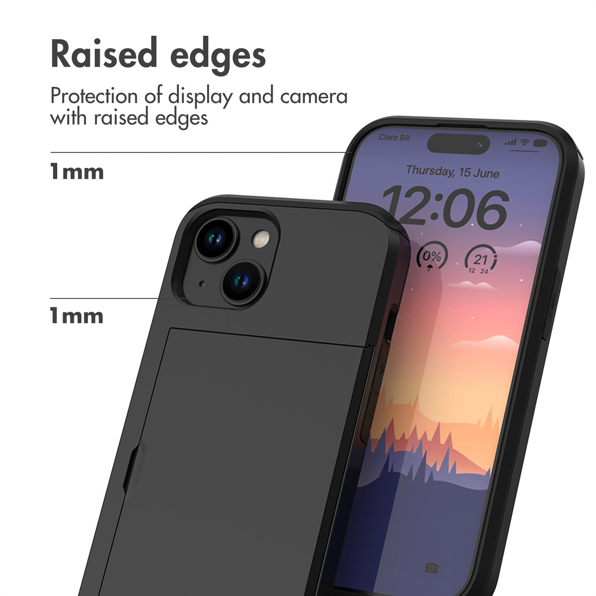 Black phone case with 1mm raised edges protecting the display and camera.