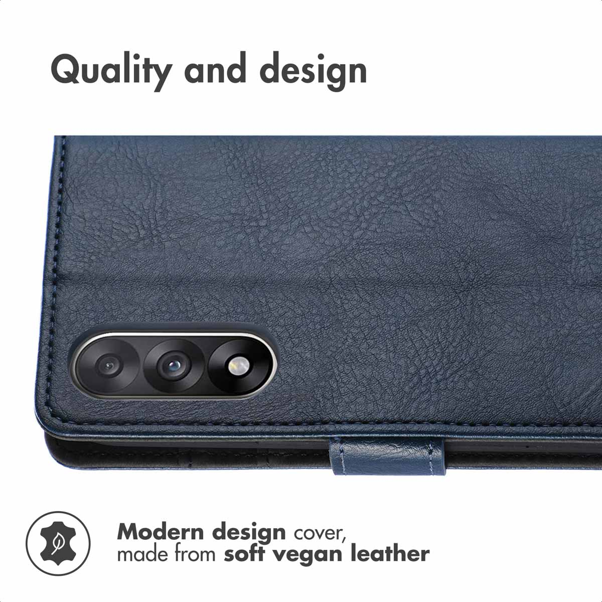 Dark blue vegan leather phone case with camera cutout and quality text.