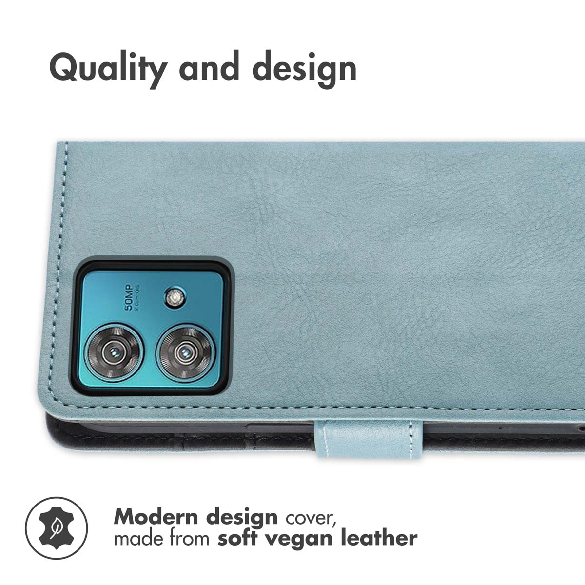 Una funda de móvil de cuero vegano azul claro con recorte para cámara y texto 'Quality and design'.
