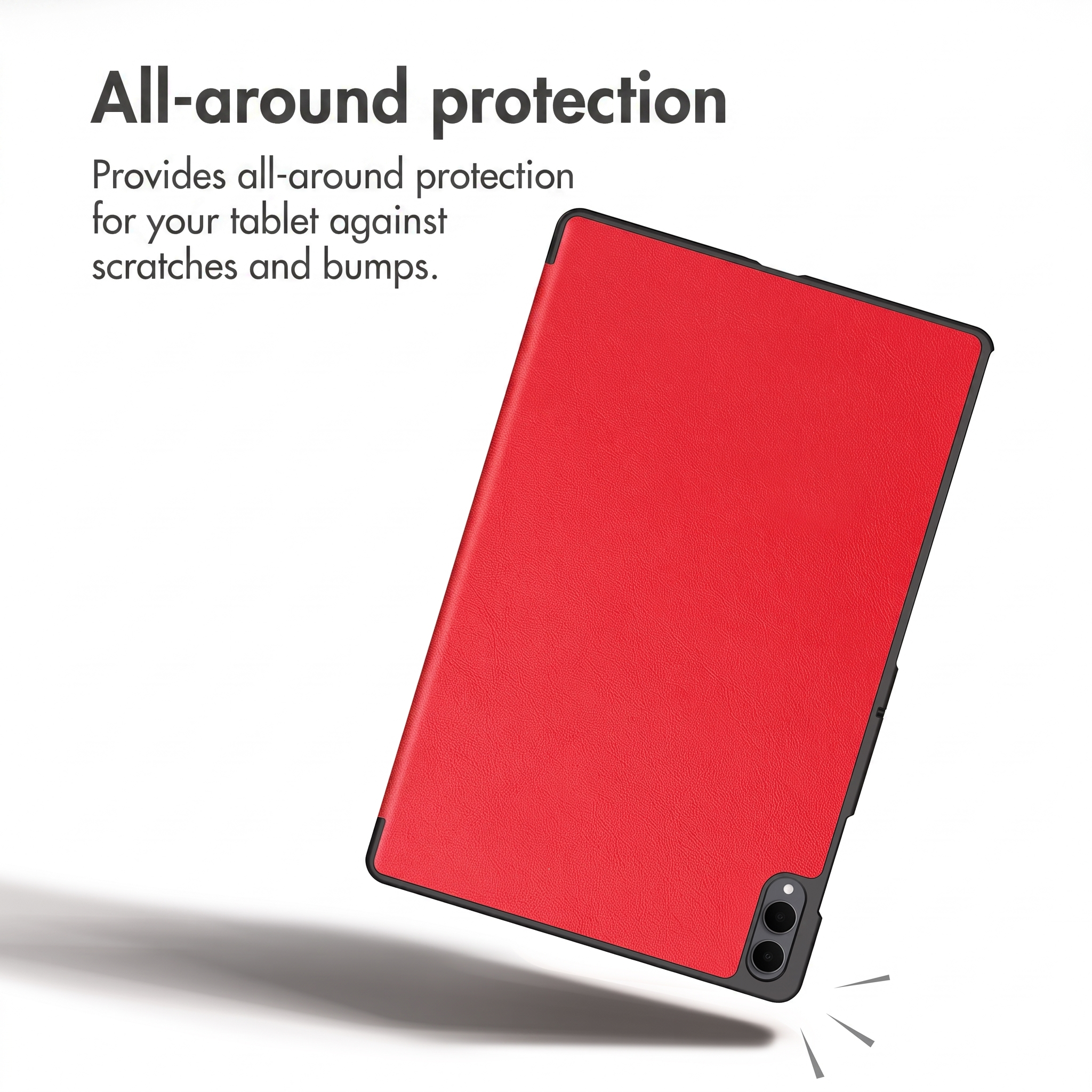 Un étui de tablette rouge offre une protection contre les rayures et les chocs sur fond blanc.