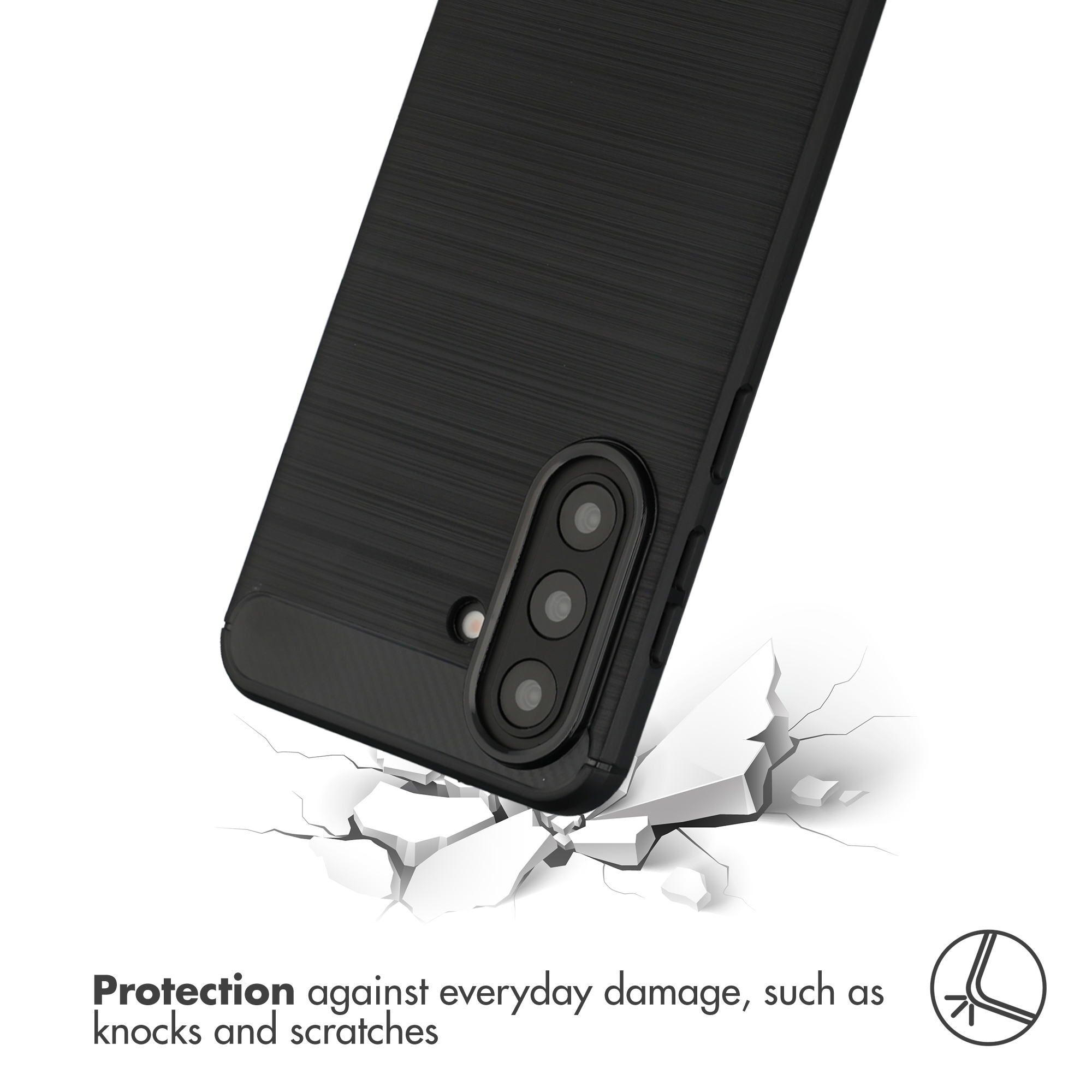 Una funda de teléfono negra texturizada sobre suelo blanco agrietado con texto de protección.