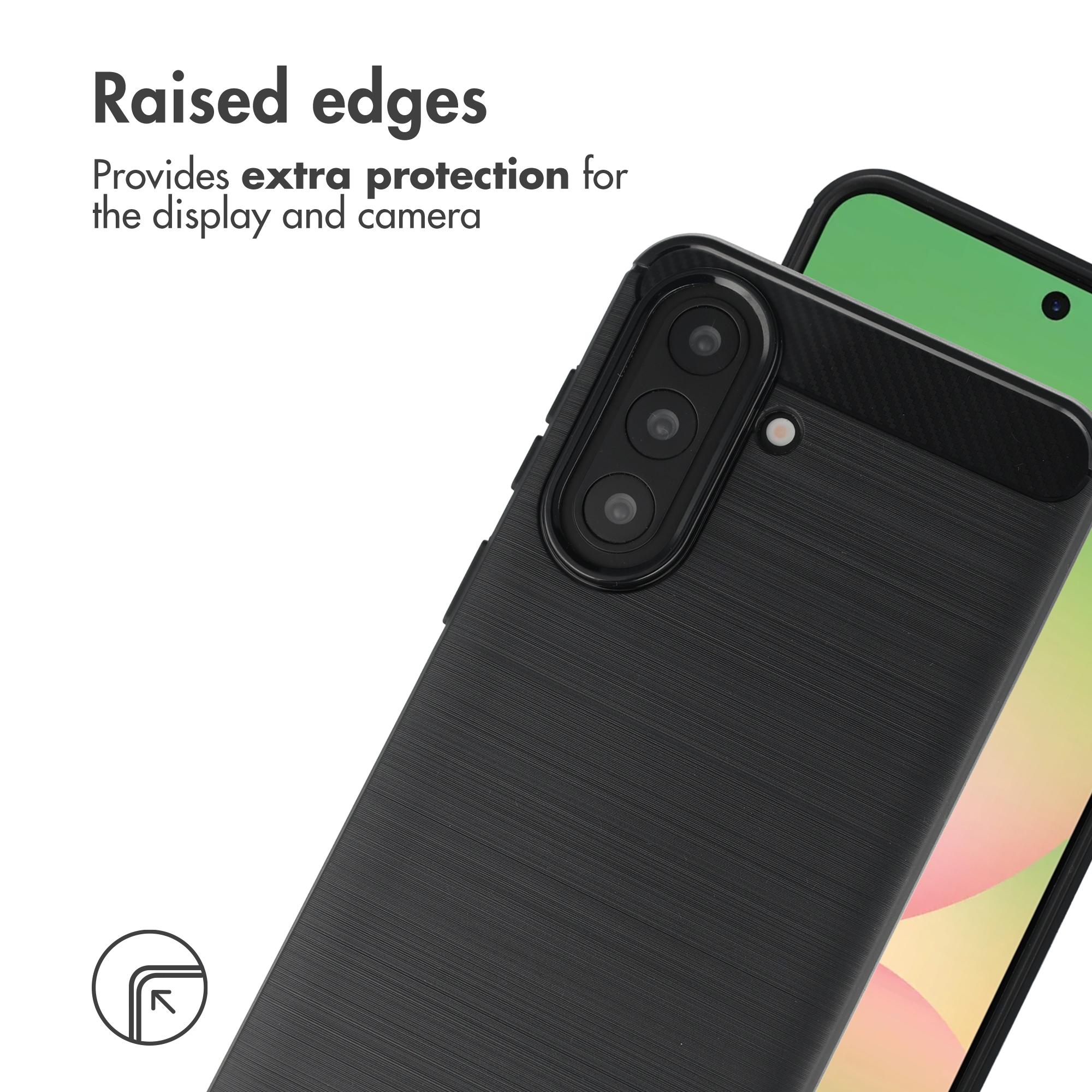 Una funda de smartphone negra con bordes elevados que protegen la pantalla y la cámara.