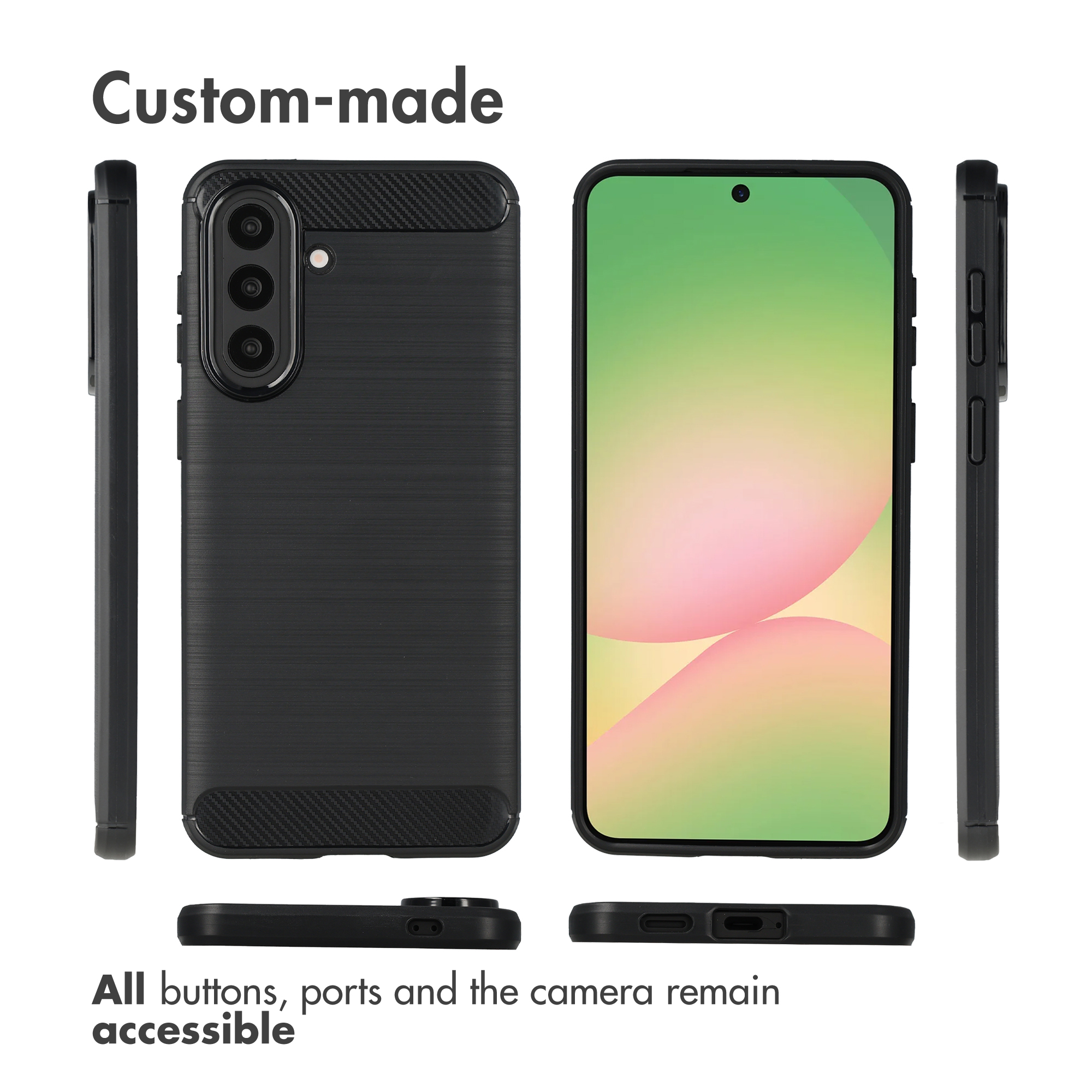 Varias vistas de una funda protectora negra para teléfono que muestran recortes para botones y puertos.