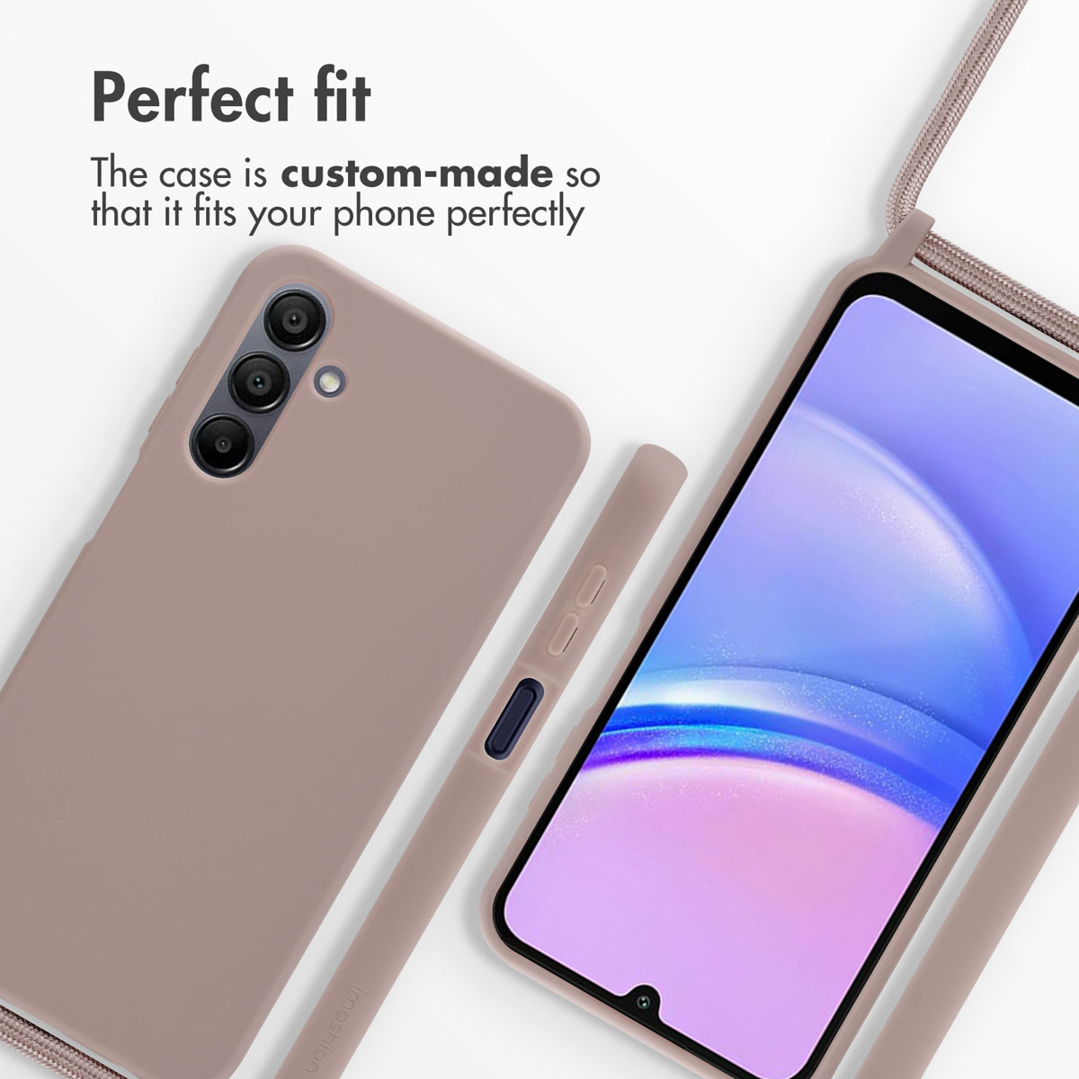 Handy in einer rosafarbenen Schutzhülle mit Umhängeband und Text "Perfect fit".