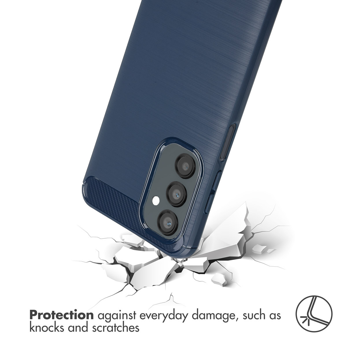 Una funda de móvil azul golpea una superficie blanca agrietada. Texto abajo: Protección contra daños.