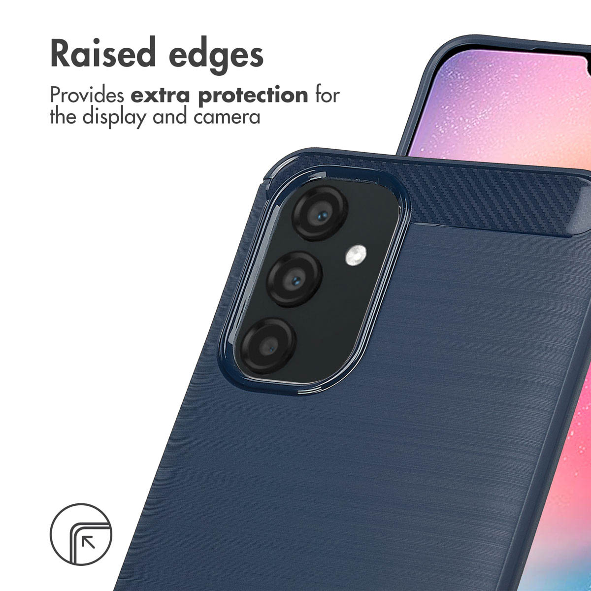 Funda azul para smartphone con bordes elevados para proteger la pantalla y la cámara.