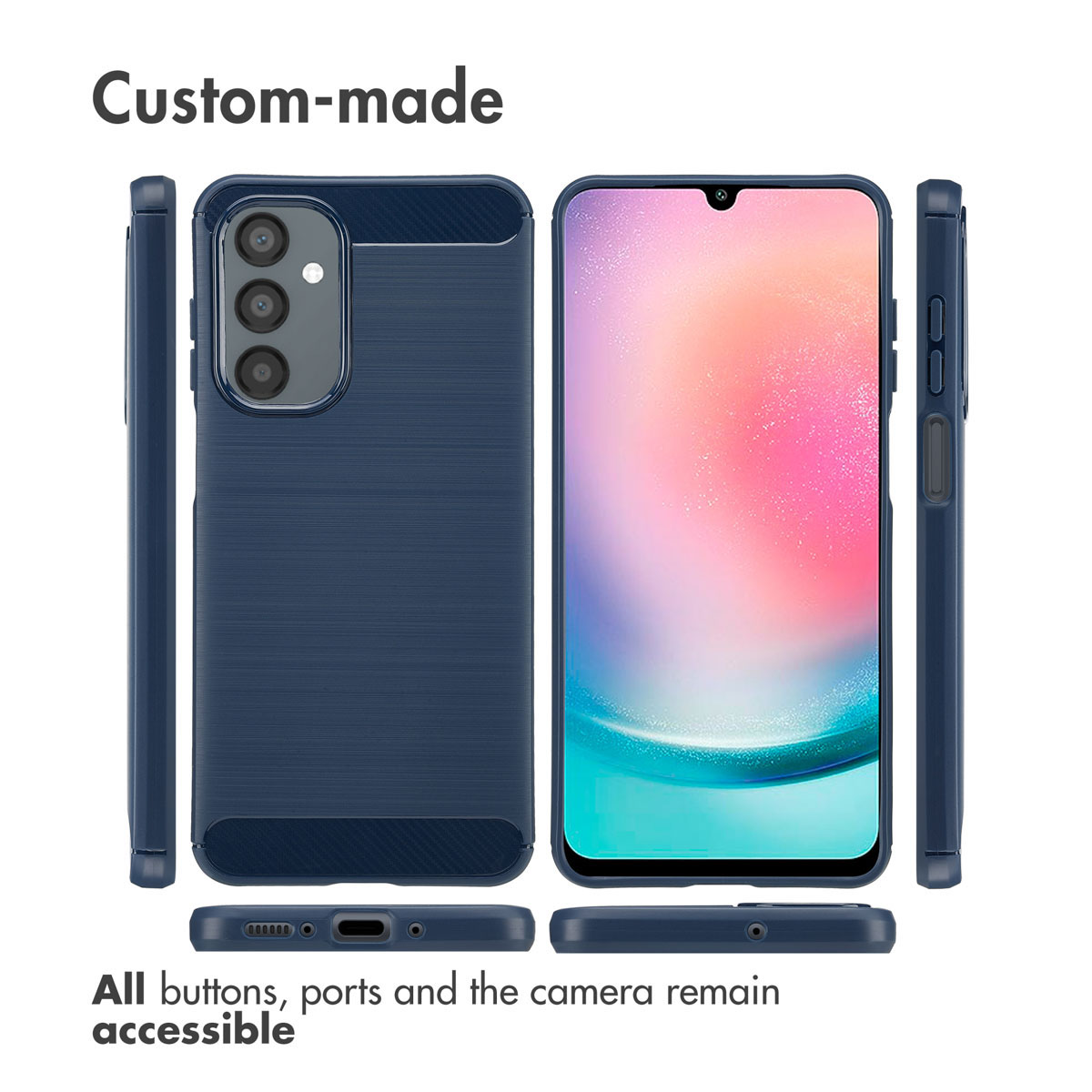Múltiples vistas de una funda de smartphone azul oscuro que muestra la parte delantera, trasera y los lados.