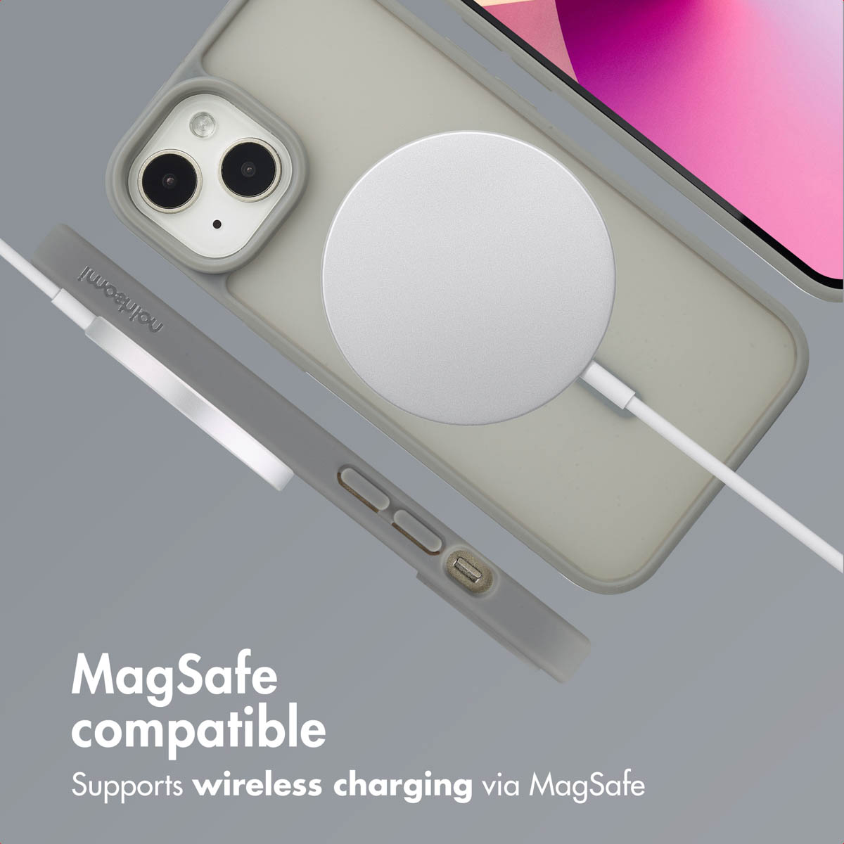 Custodia per smartphone grigia compatibile MagSafe con un caricatore rotondo argentato.