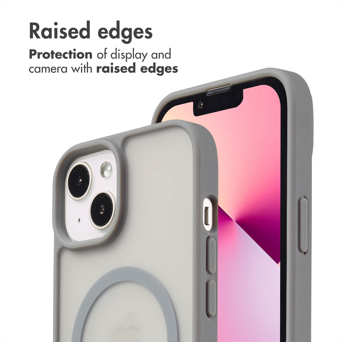 Cover per smartphone grigia con bordi rialzati per proteggere schermo e fotocamera.