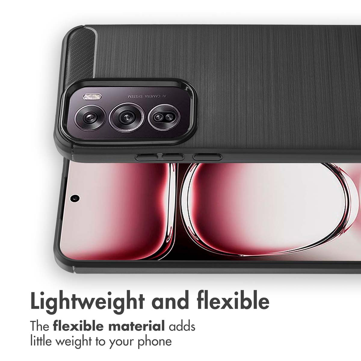 Schwarze Handyhülle mit gebürsteter Textur und Kameramodul auf einem pinken Smartphone.