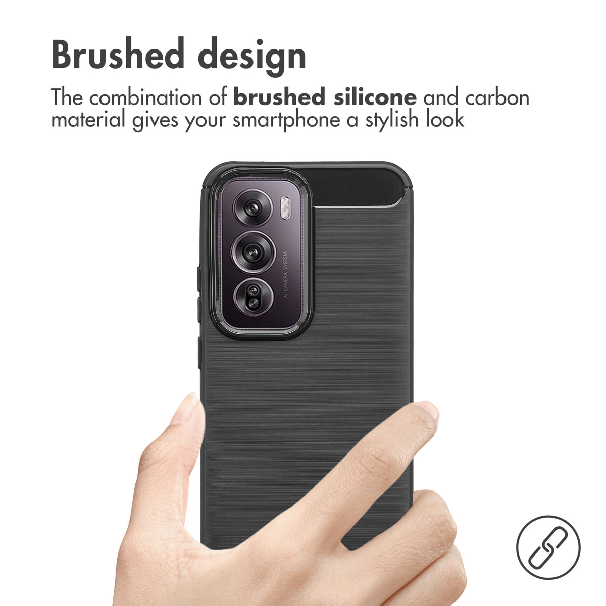 Mano che regge uno smartphone con cover nera spazzolata.