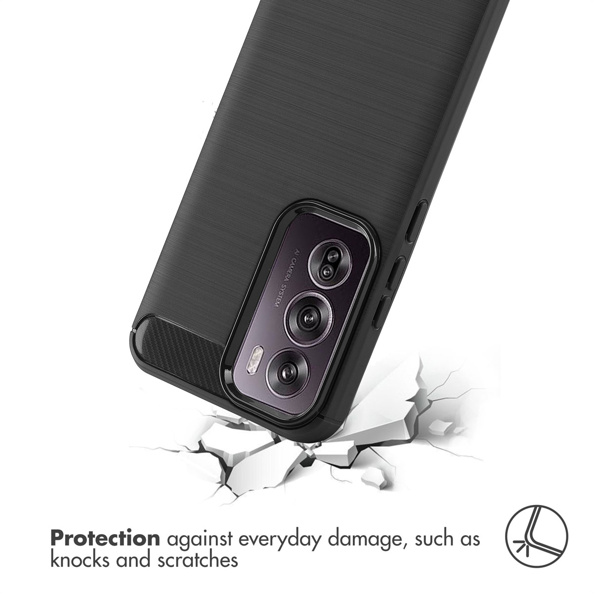 Una custodia per smartphone nera su un pavimento rotto. Testo sotto: protezione dai danni.