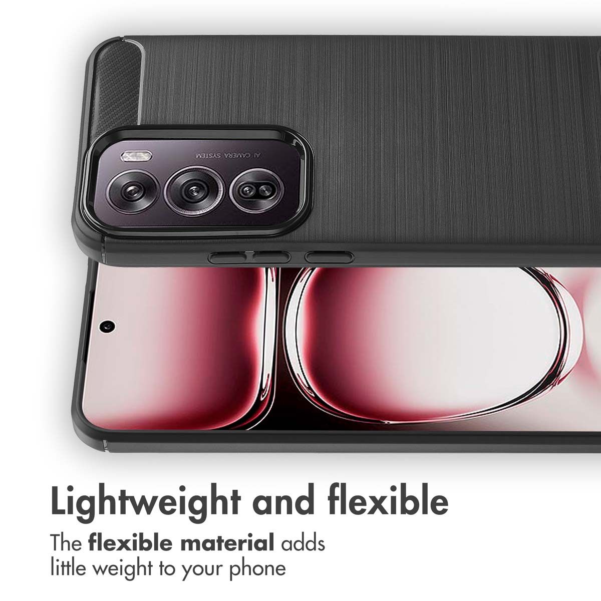 Custodia nera per smartphone con schermo rosso, testo: Lightweight and flexible.