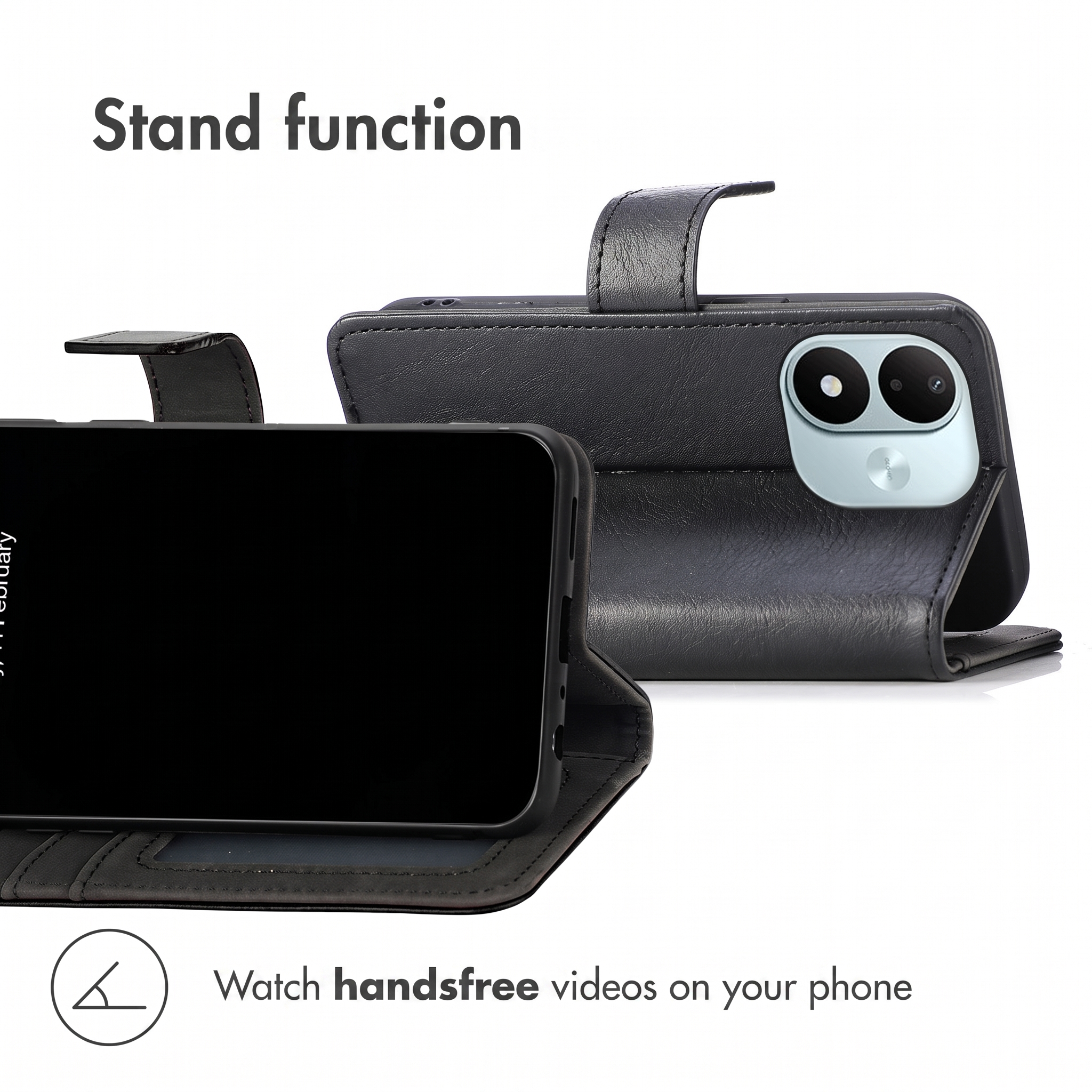 Black leather phone case with a stand function for hands-free video viewing.