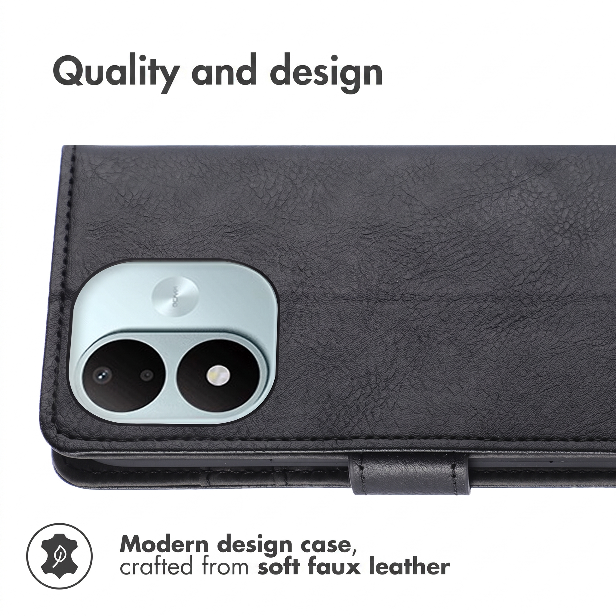 Black faux leather phone case with camera cutout and text. Quality and design.