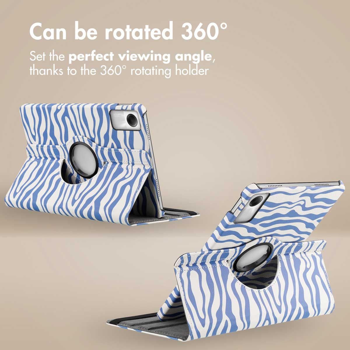 Tablet in a blue and white zebra-striped case, shown in different standing angles with a 360-degree rotating holder.