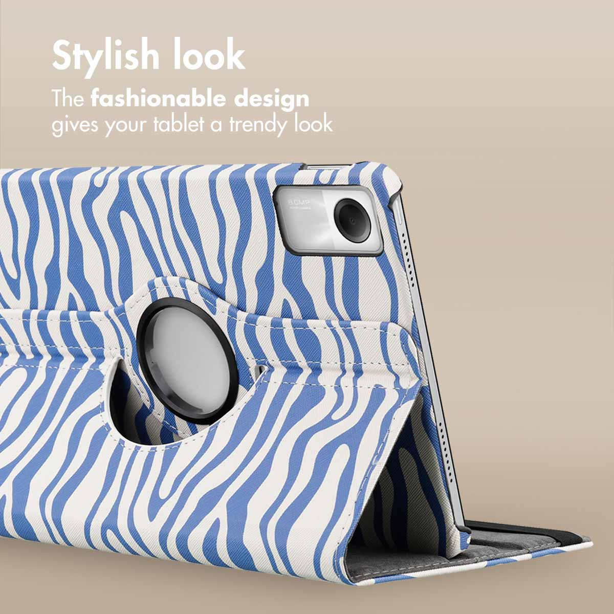 Blue and white zebra pattern tablet case with an integrated stand and camera cutout.