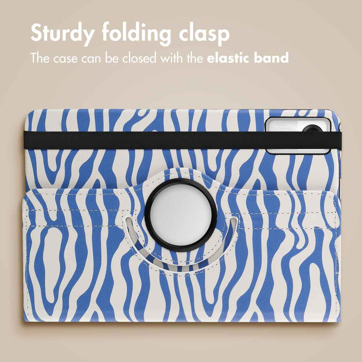Blue and white zebra patterned tablet case with a black elastic band.