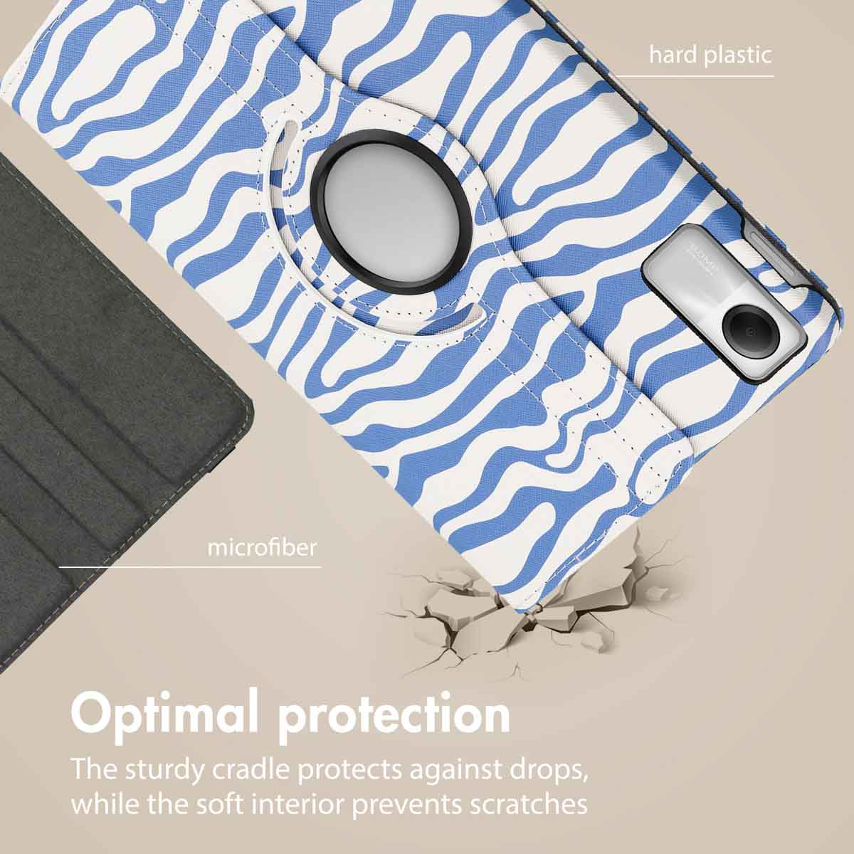 Blue and white phone case with zebra pattern and protective text.
