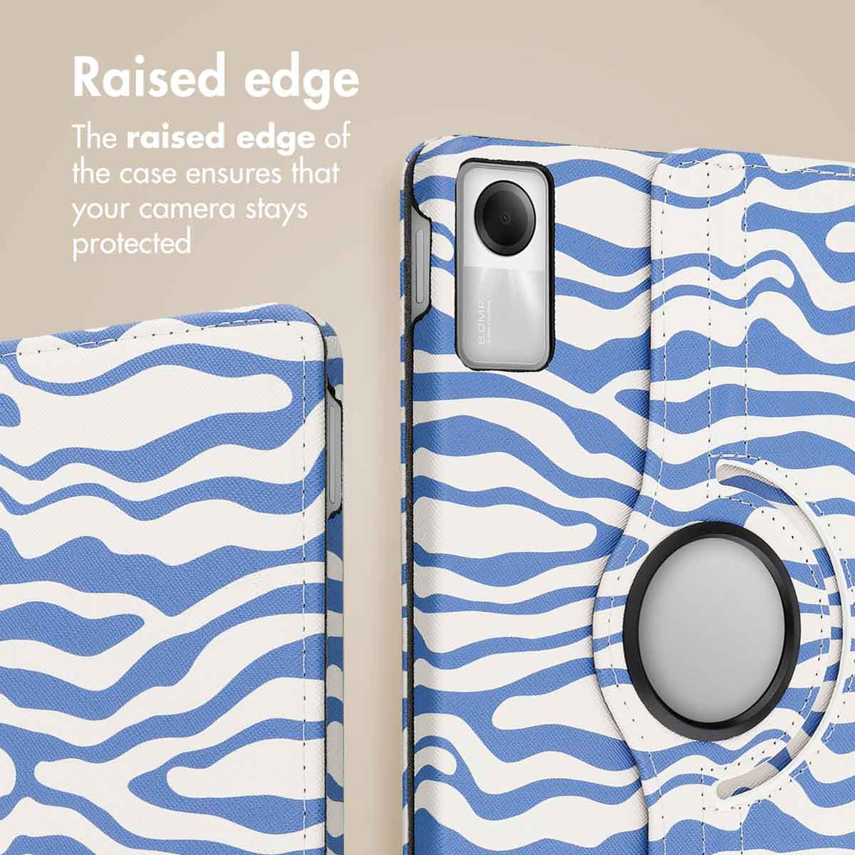 A blue and white wavy patterned phone case features a raised edge to protect the camera.