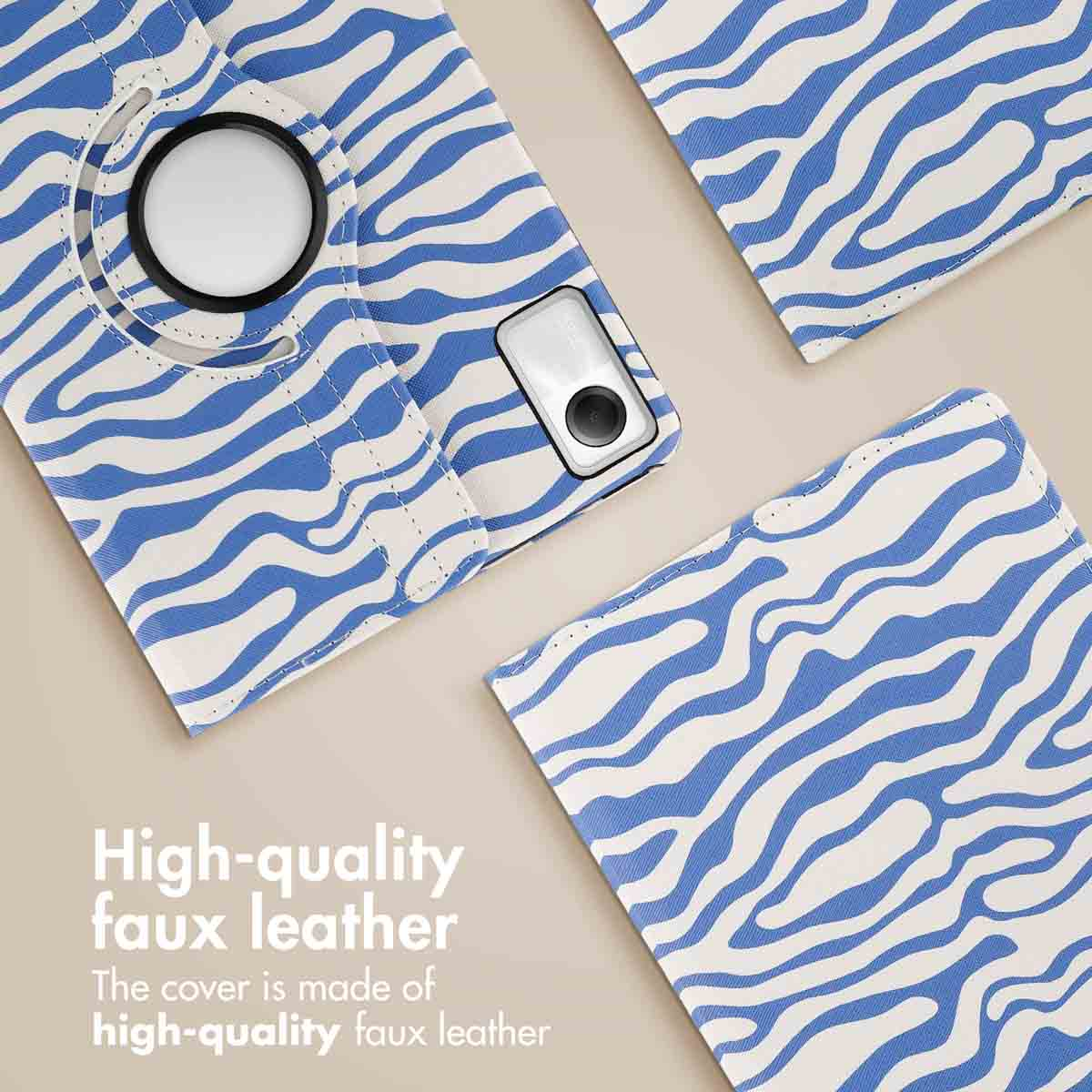 Blue and white wavy pattern faux leather phone cases on beige background.