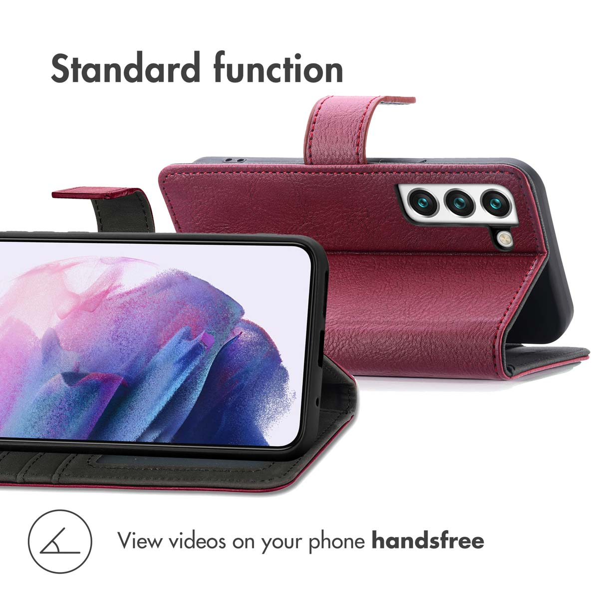 Étui portefeuille en cuir bordeaux avec fonction support pour regarder des vidéos.