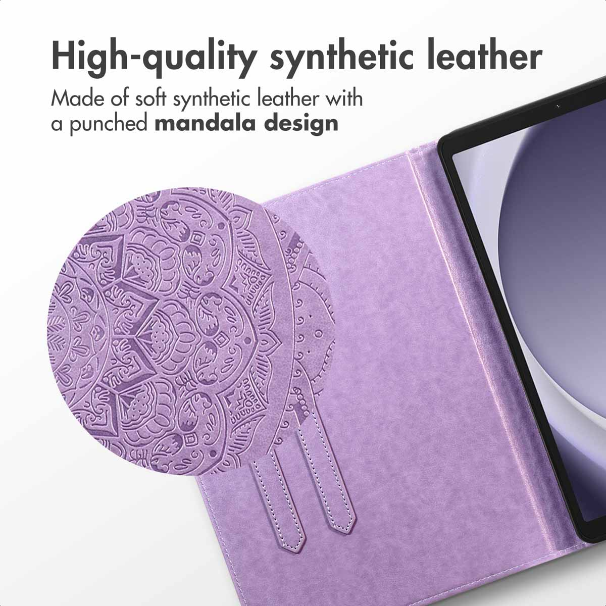 Paarse kunstlederen tabletcase met een geponst mandala-ontwerp en tekst bovenaan.