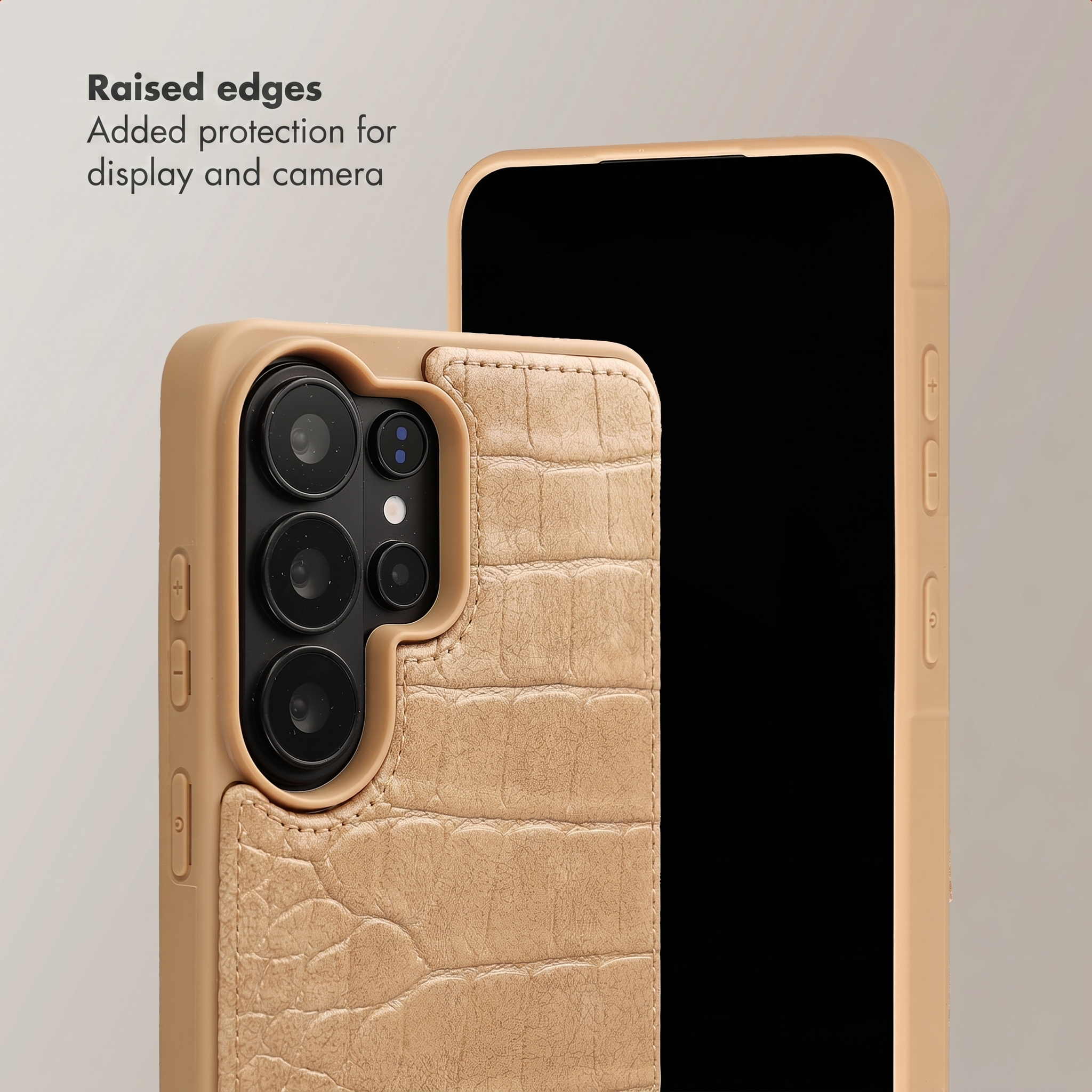 Beige smartphone in a textured leather case, highlighting raised edges for camera and screen protection.
