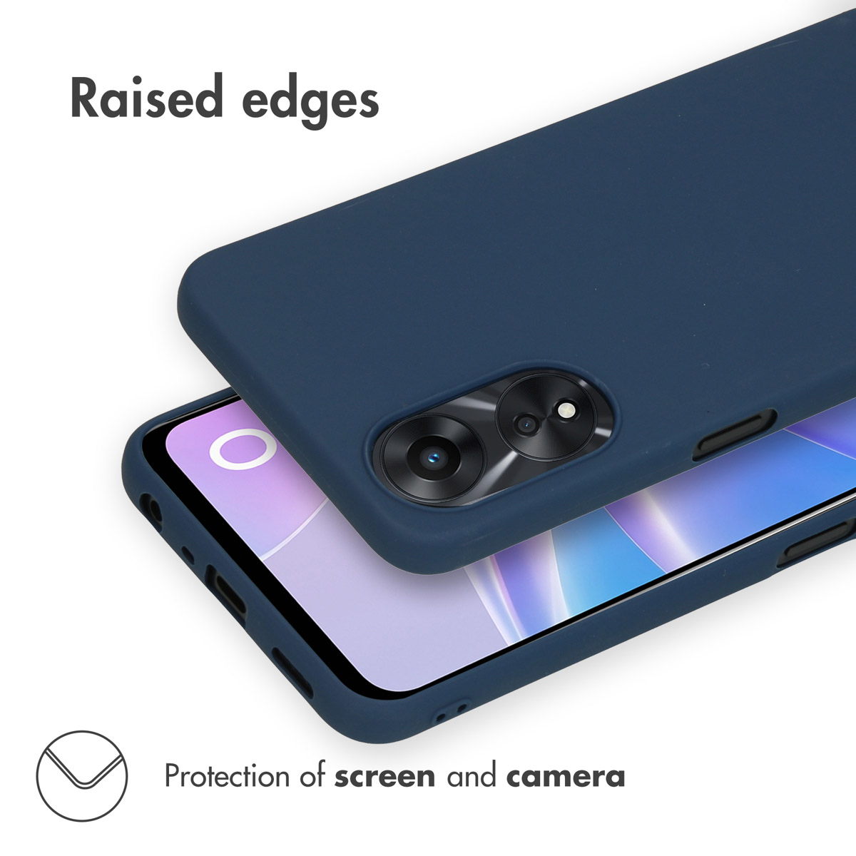Un teléfono en una funda azul oscura que muestra bordes elevados para proteger la pantalla y la cámara.