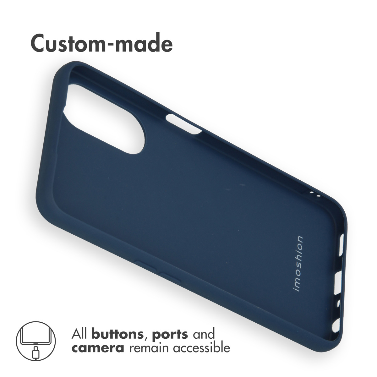 Funda para smartphone azul oscuro hecha a medida con botones y puertos accesibles.