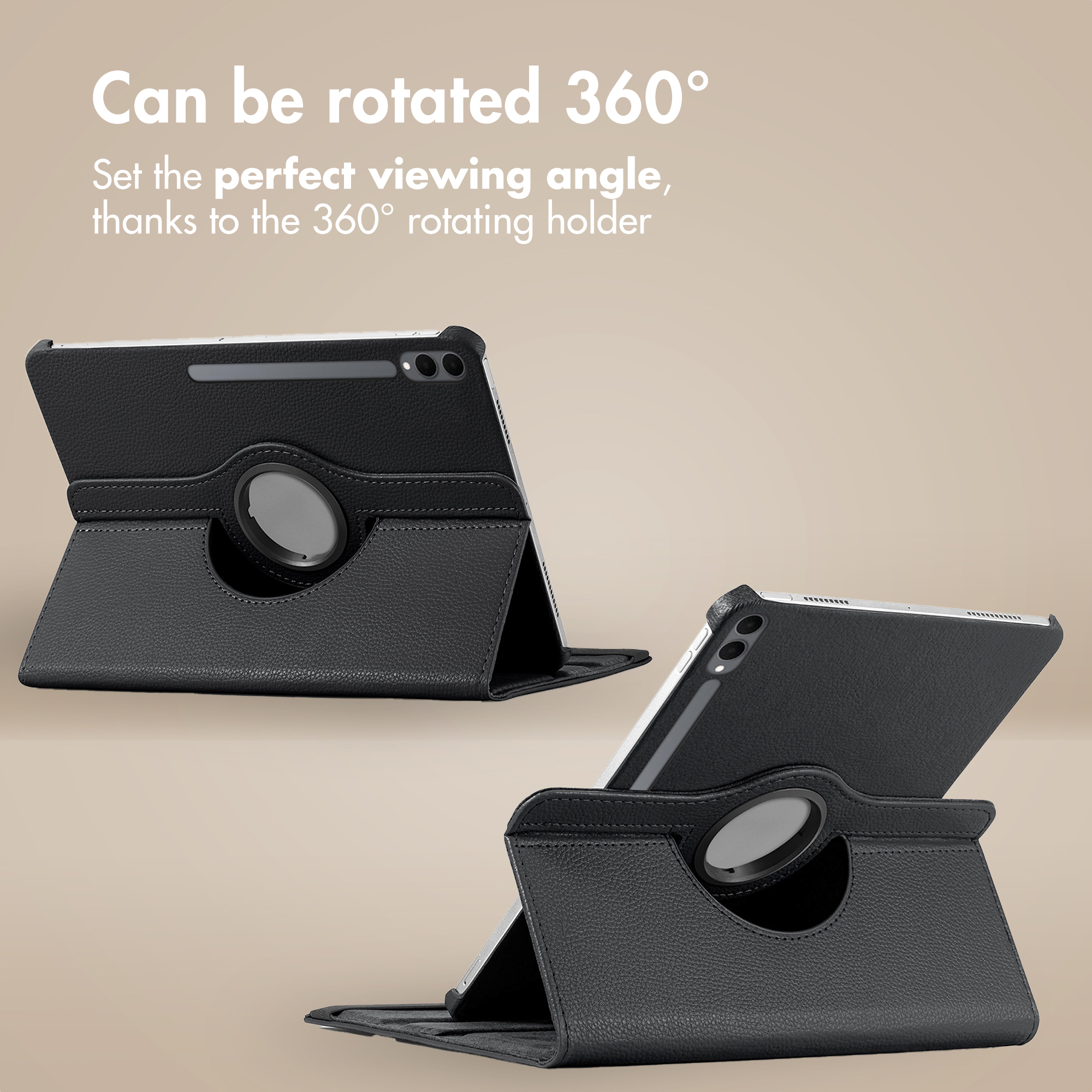 Deux étuis noirs pour tablette avec fonction de rotation à 360 degrés sur fond beige.