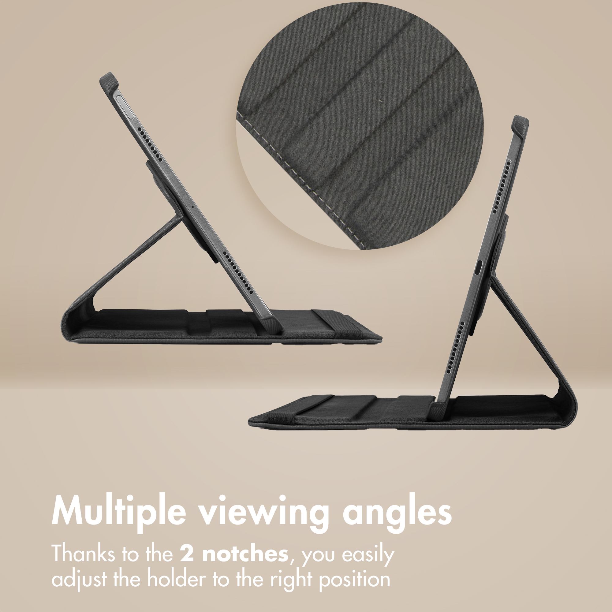 Tablette dans un support noir avec deux angles réglables sur fond beige.