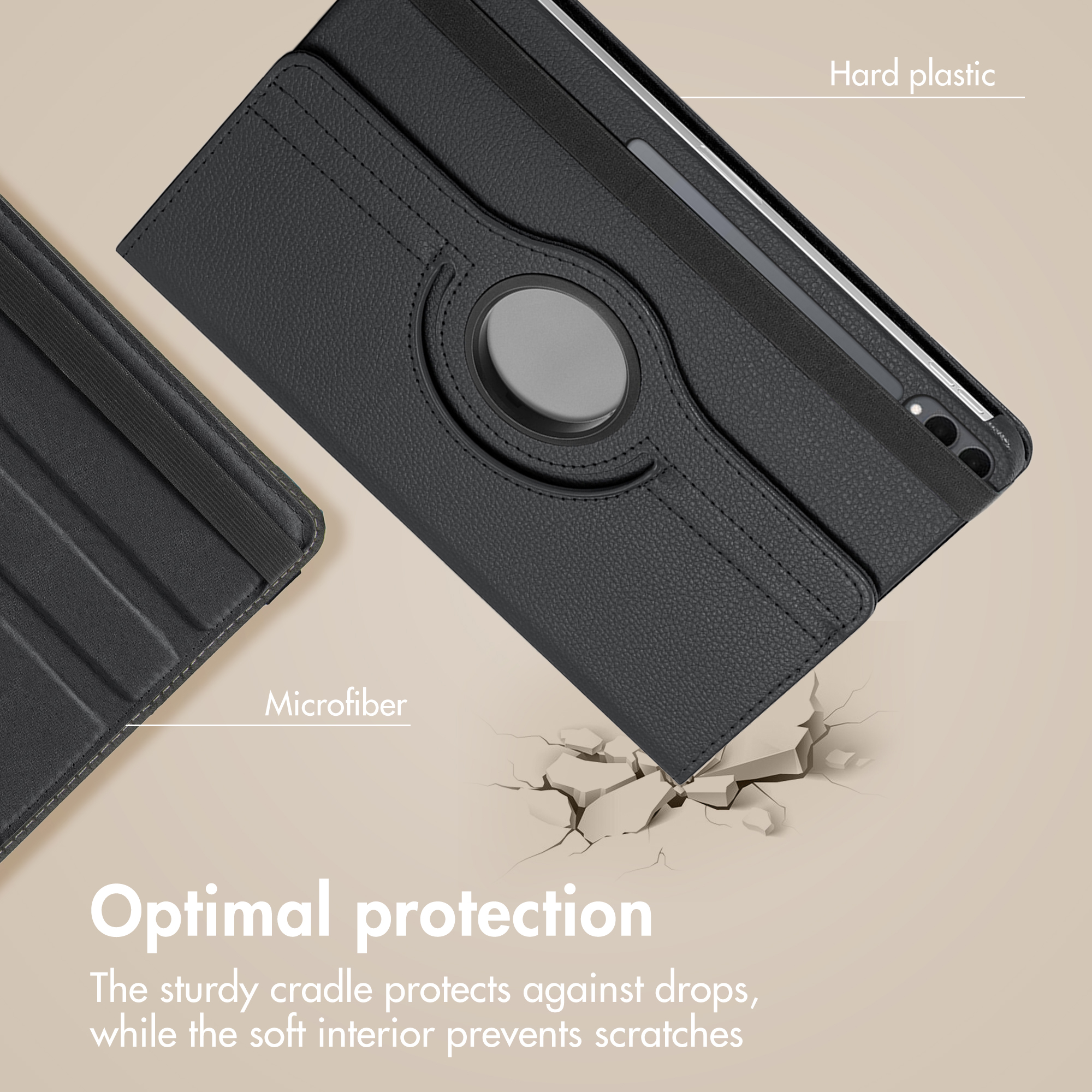 Un étui de tablette noir en plastique dur et microfibre, montrant une protection contre les chutes et du texte.