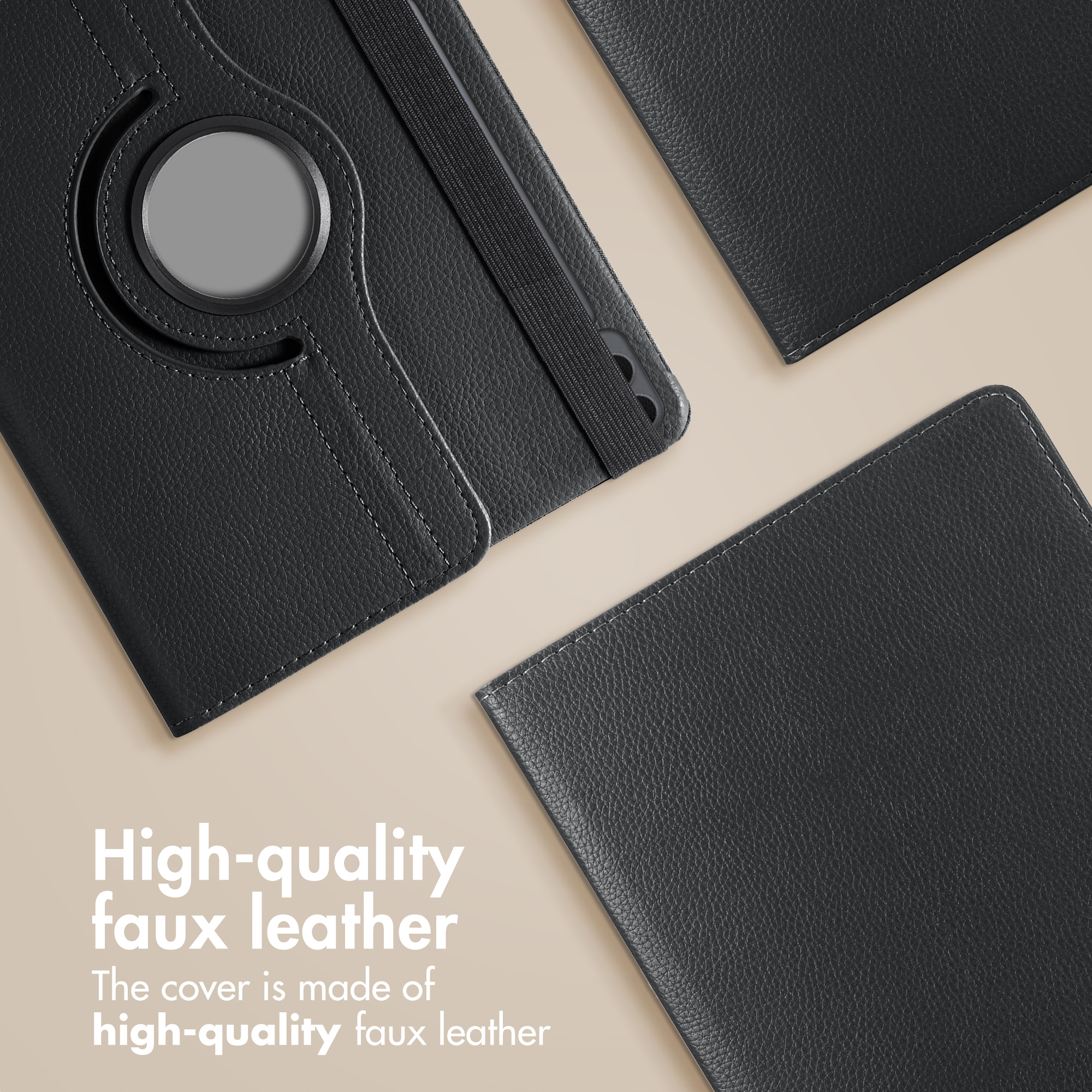 Vue de dessus d'étuis de tablette en similicuir noir avec un support rotatif circulaire sur un fond beige.