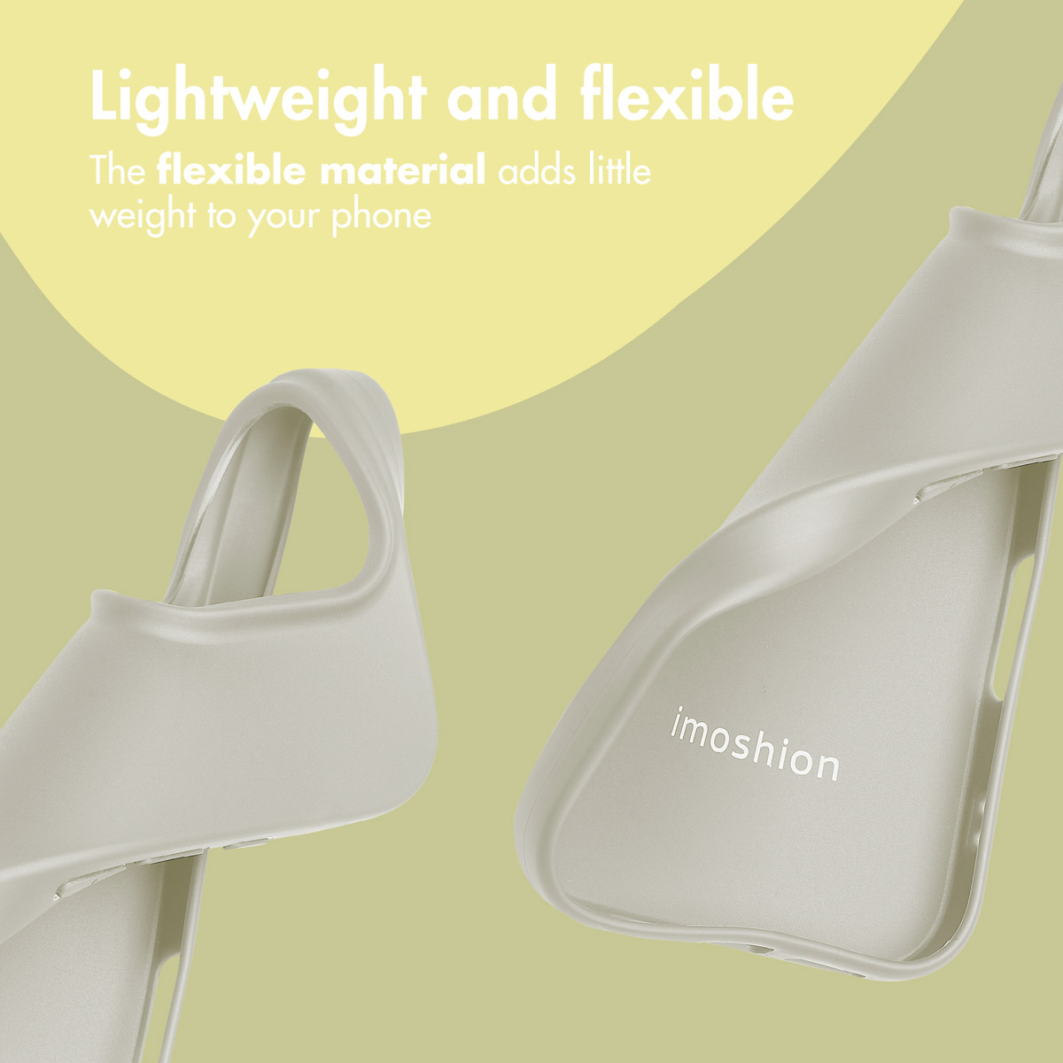 Twee flexibele lichtgrijze telefoonhoesjes op een geelgroene achtergrond met tekst.