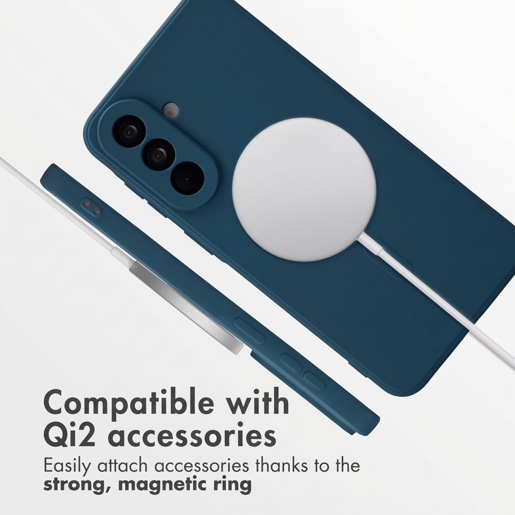Coque bleue avec anneau magnétique Qi2 blanc et triple caméra. Texte indique la compatibilité Qi2.
