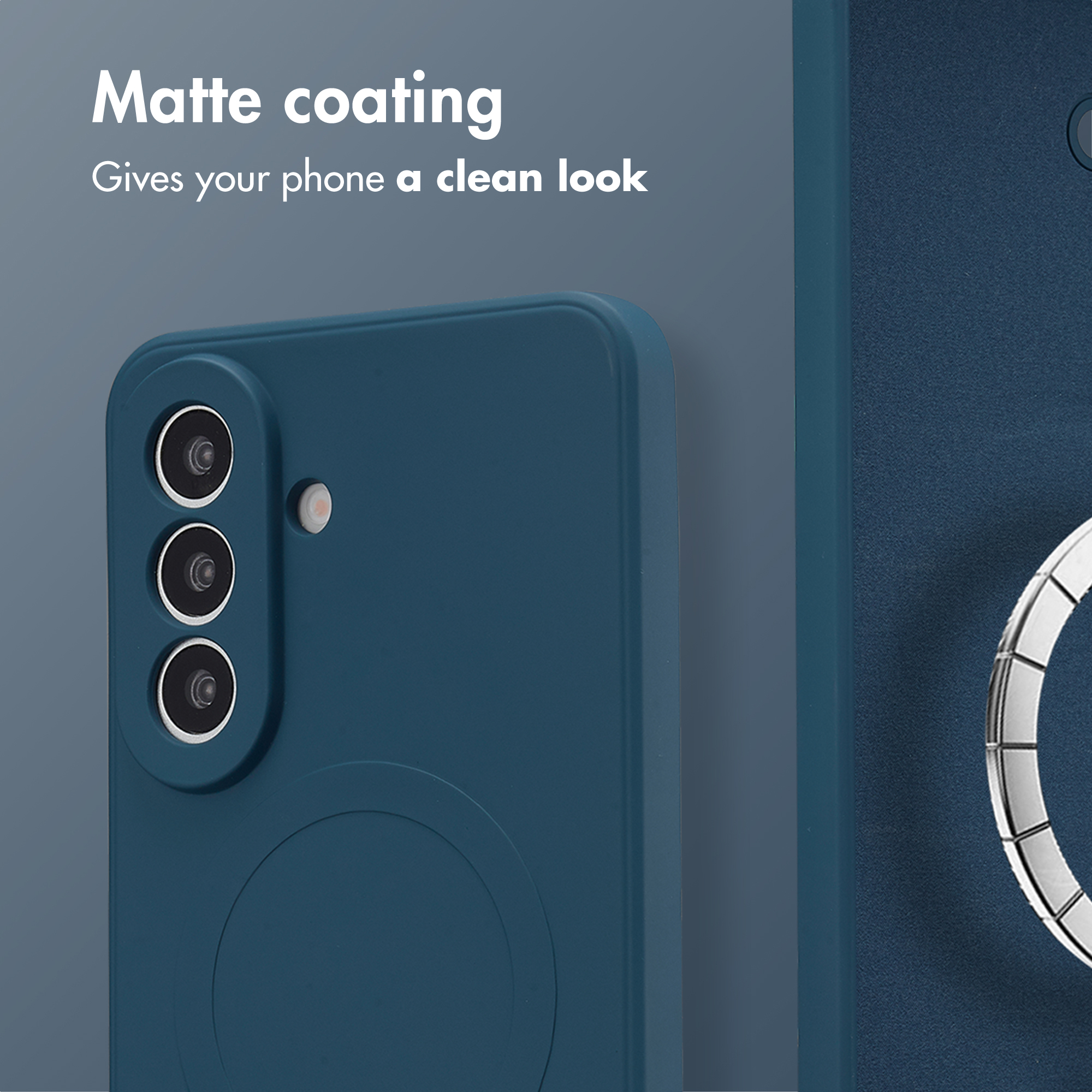 Coque de téléphone bleue avec revêtement mat, trois objectifs d'appareil photo à l'arrière et du texte.