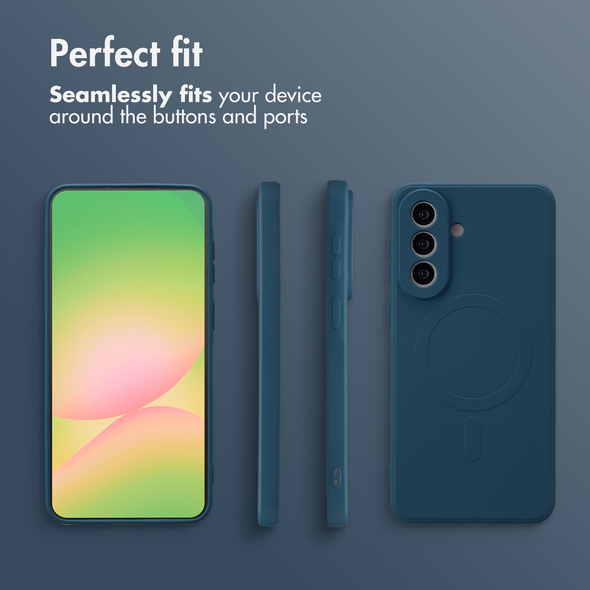 Une coque de téléphone bleue sous plusieurs angles avec du texte sur fond gris.