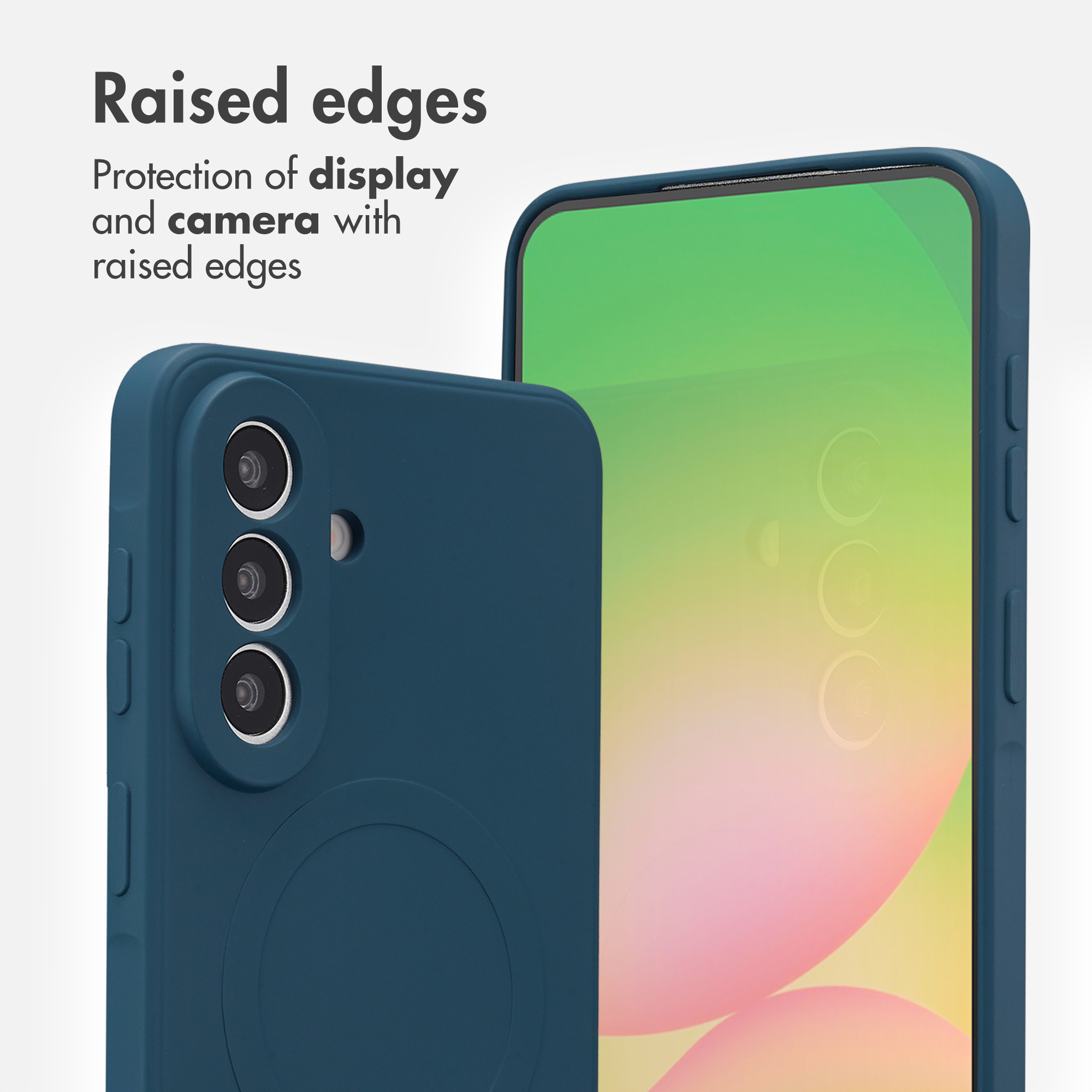 Coque de téléphone bleue avec bords surélevés protégeant l'écran et la caméra.
