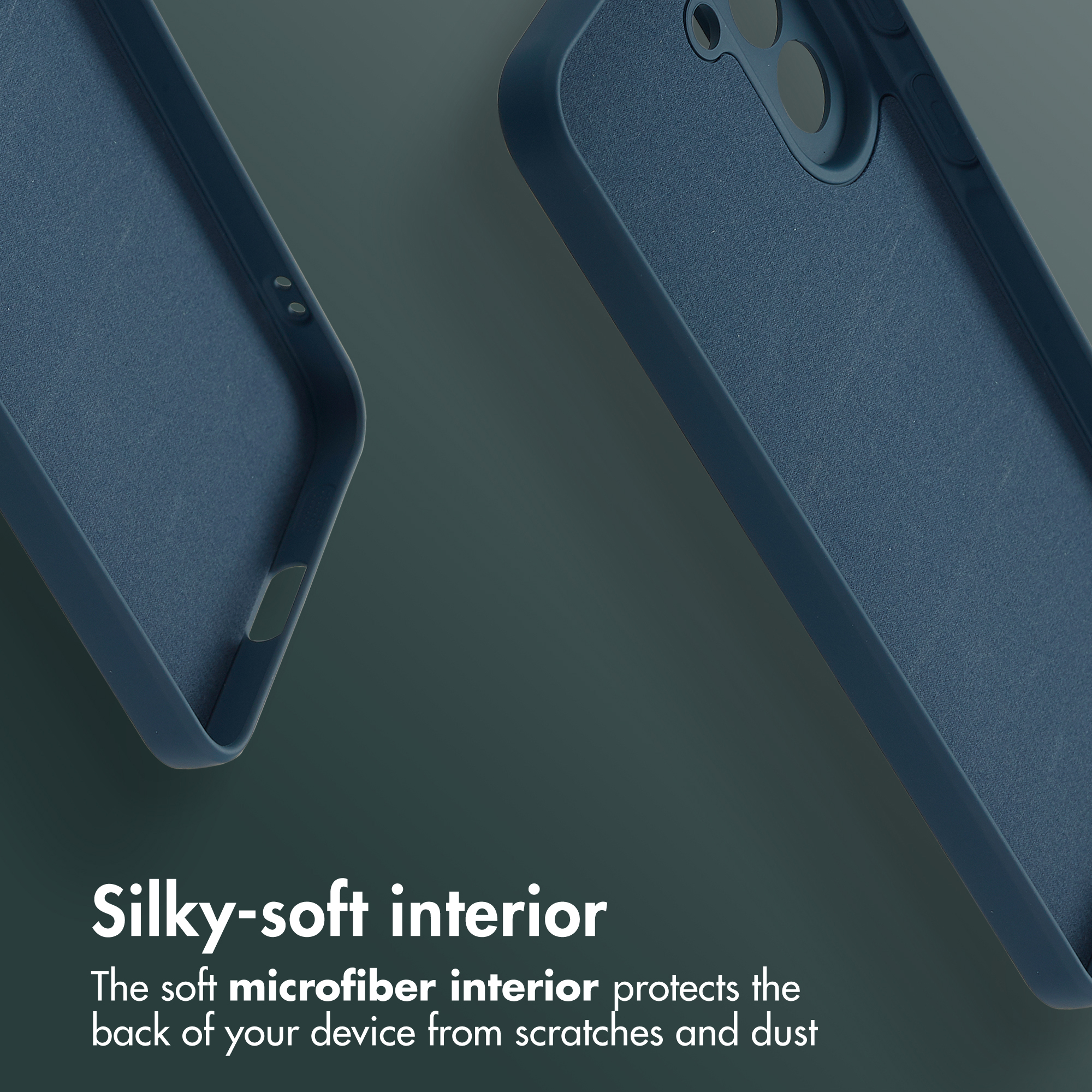 Coque de téléphone bleu foncé avec doublure intérieure douce sur fond sombre et texte.