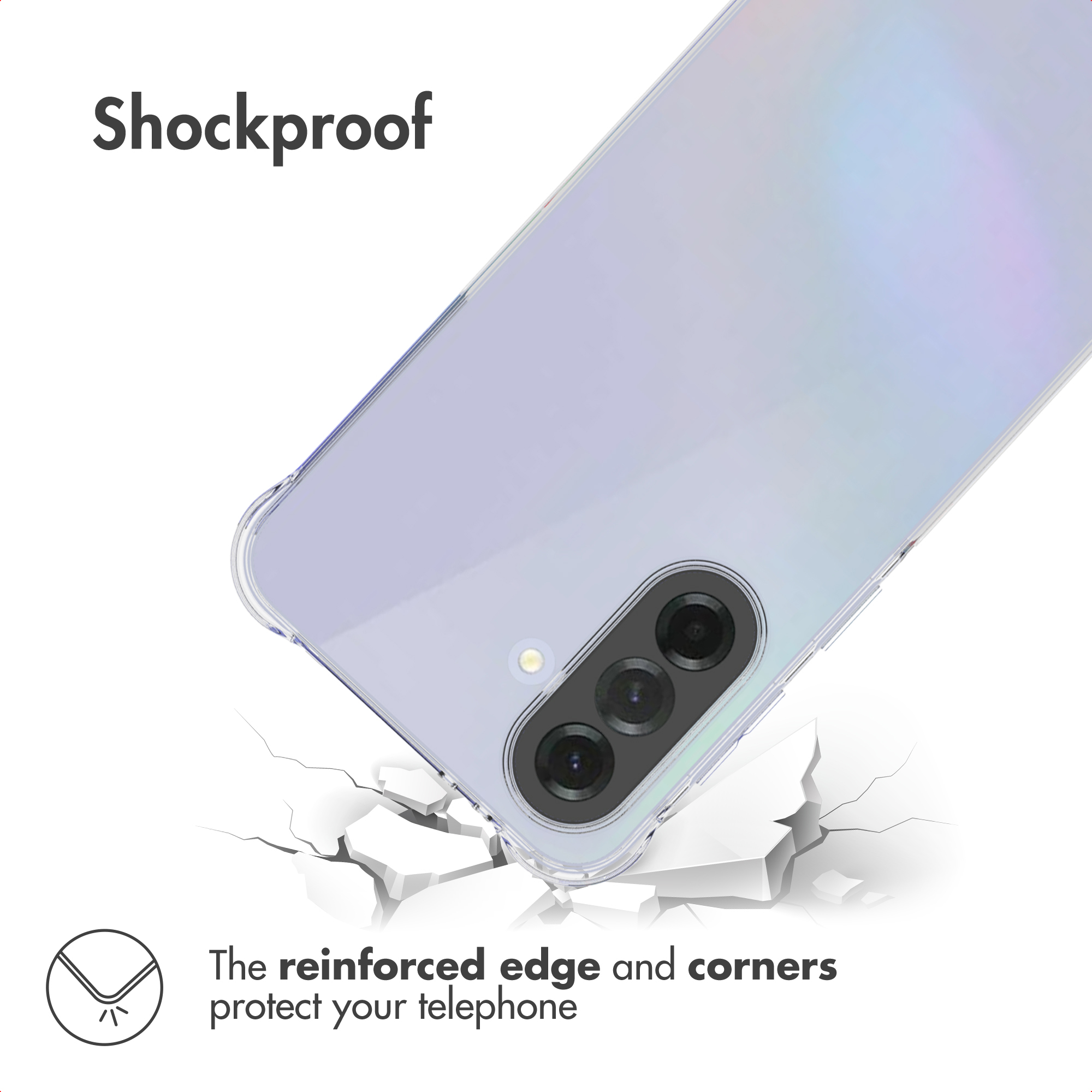 Un smartphone dans une coque transparente antichoc posé sur une surface blanche fissurée.
