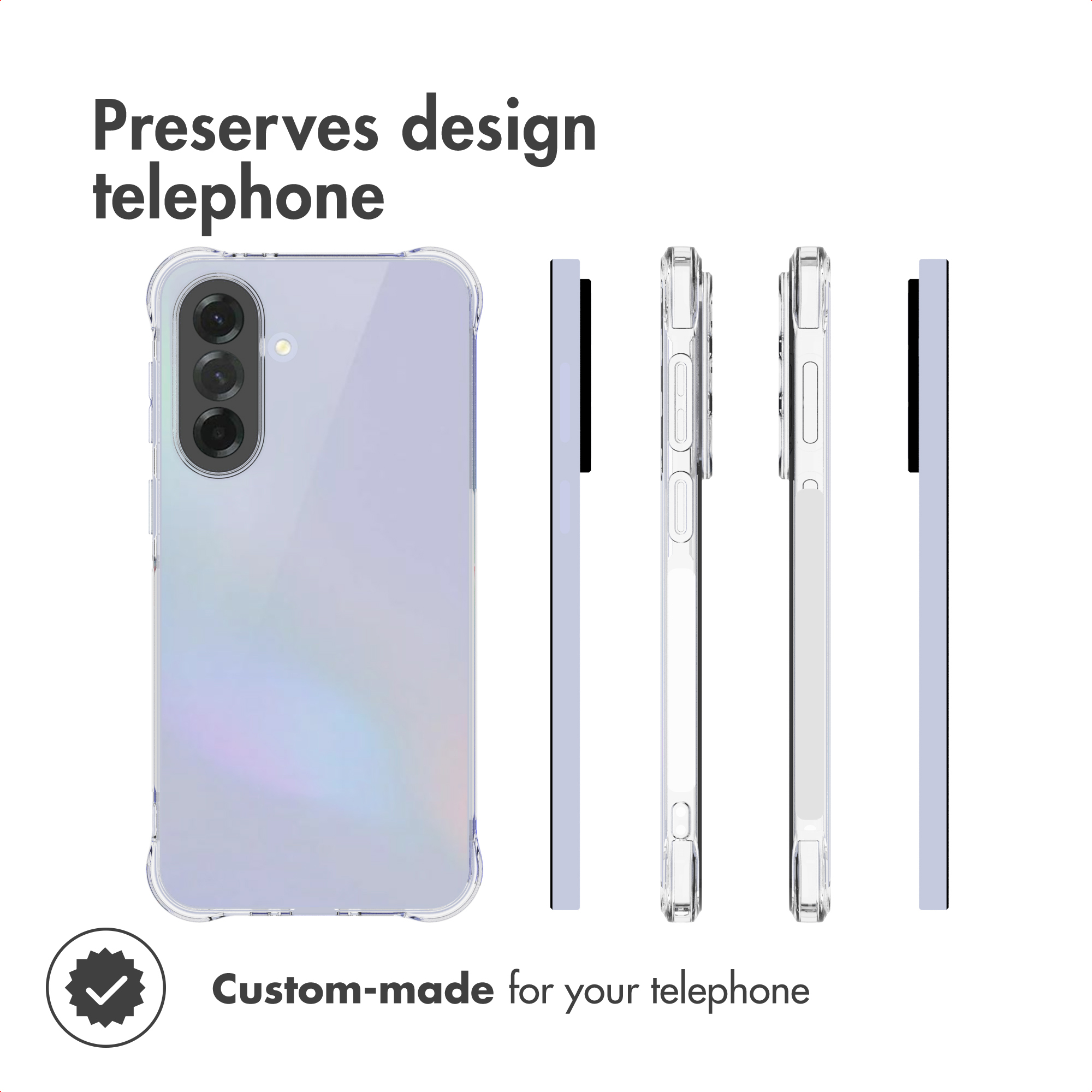 Coque de protection transparente pour smartphone avec trois caméras, vue sous différents angles.