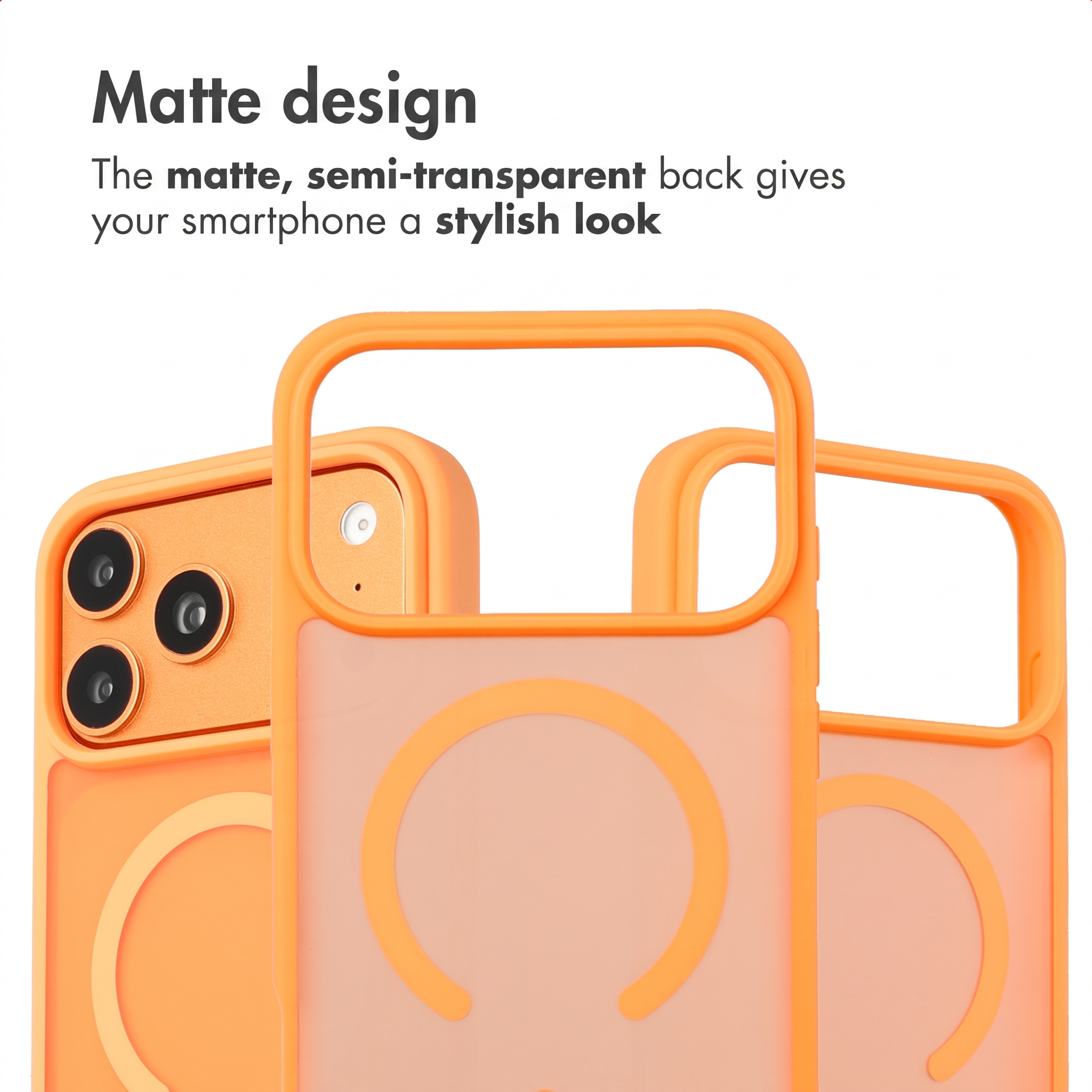 Drei orangefarbene Smartphone-Hüllen mit mattem, halbdurchsichtigem Rücken.