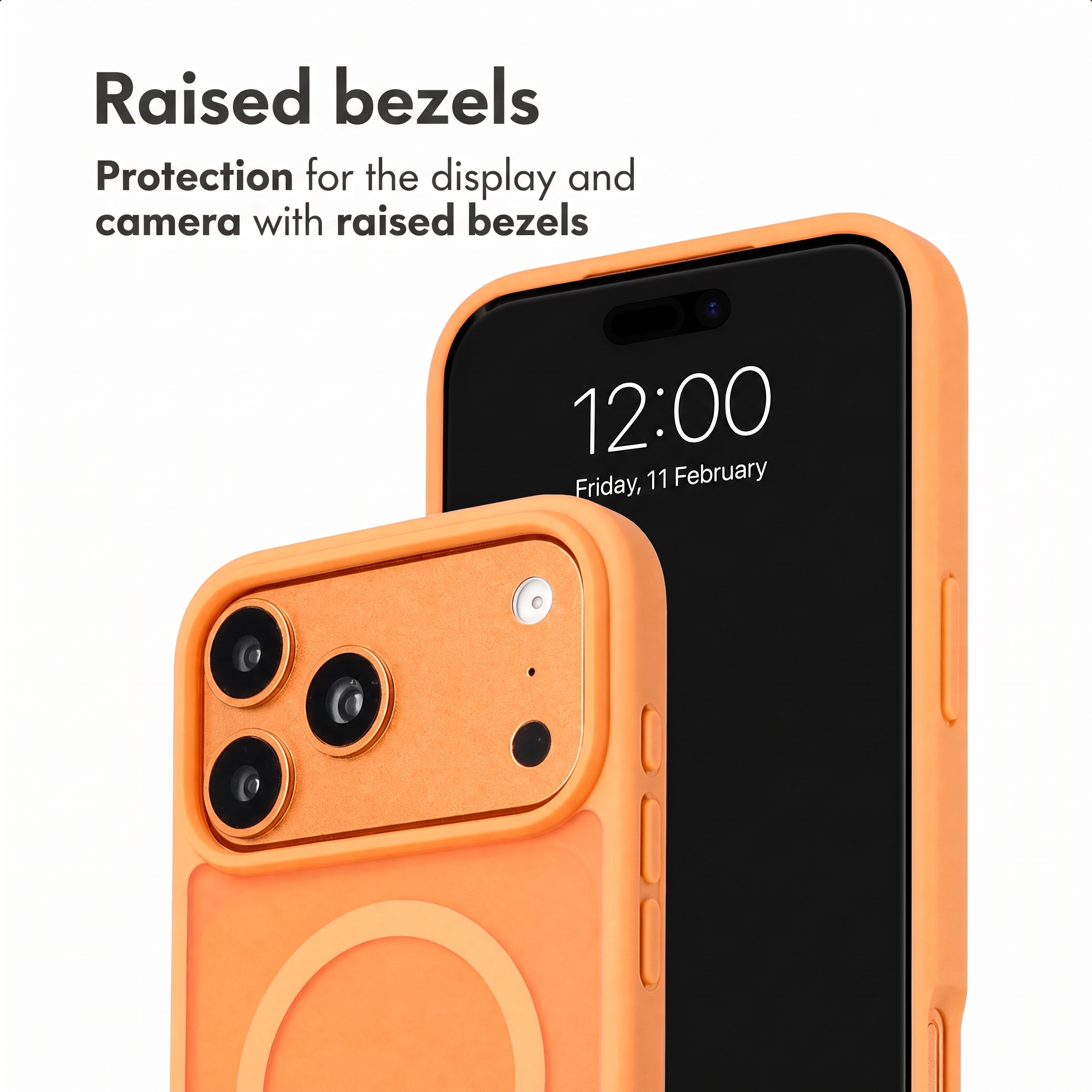 Zwei orange Hüllen schützen Display und Kamera eines Smartphones vor Beschädigungen.