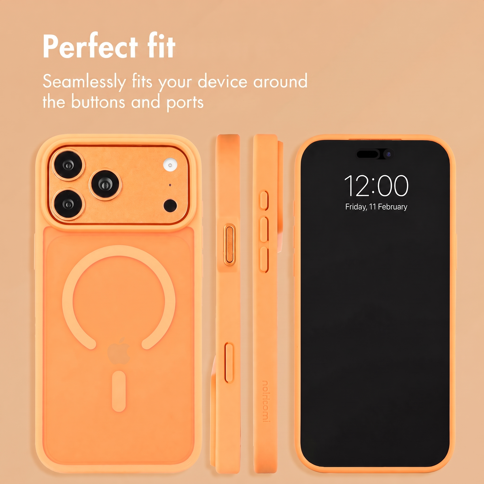 Oranger smartphone in hülle aus mehreren perspektiven mit der aufschrift Perfect fit.