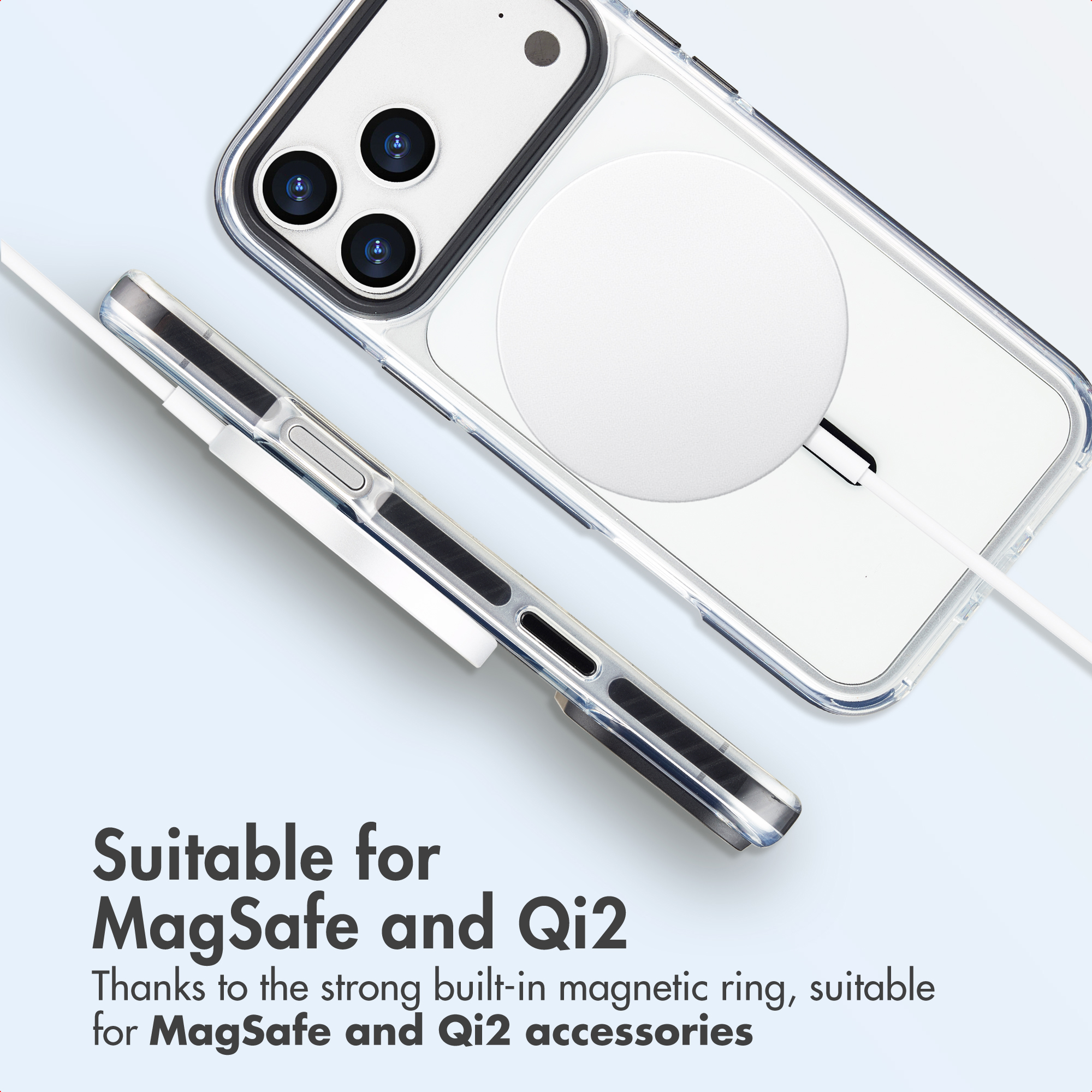 Transparent phone case with a built-in magnetic ring for MagSafe and Qi2.